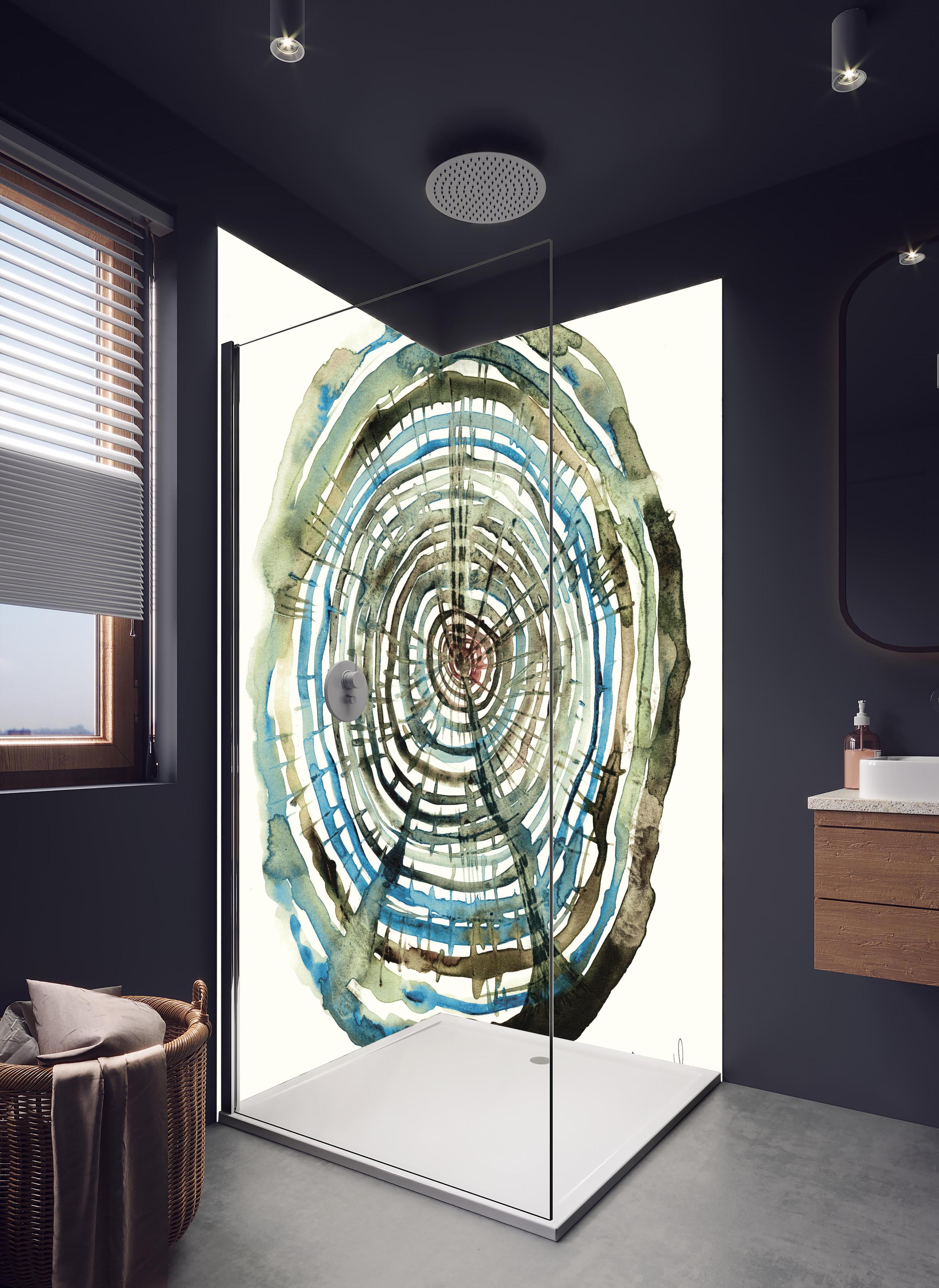 Duschrückwand - Aquarell Zeichnung - Baumstamm Muster in hellem Badezimmer mit Regenduschkopf - zweiteilige Eck-Duschrückwand