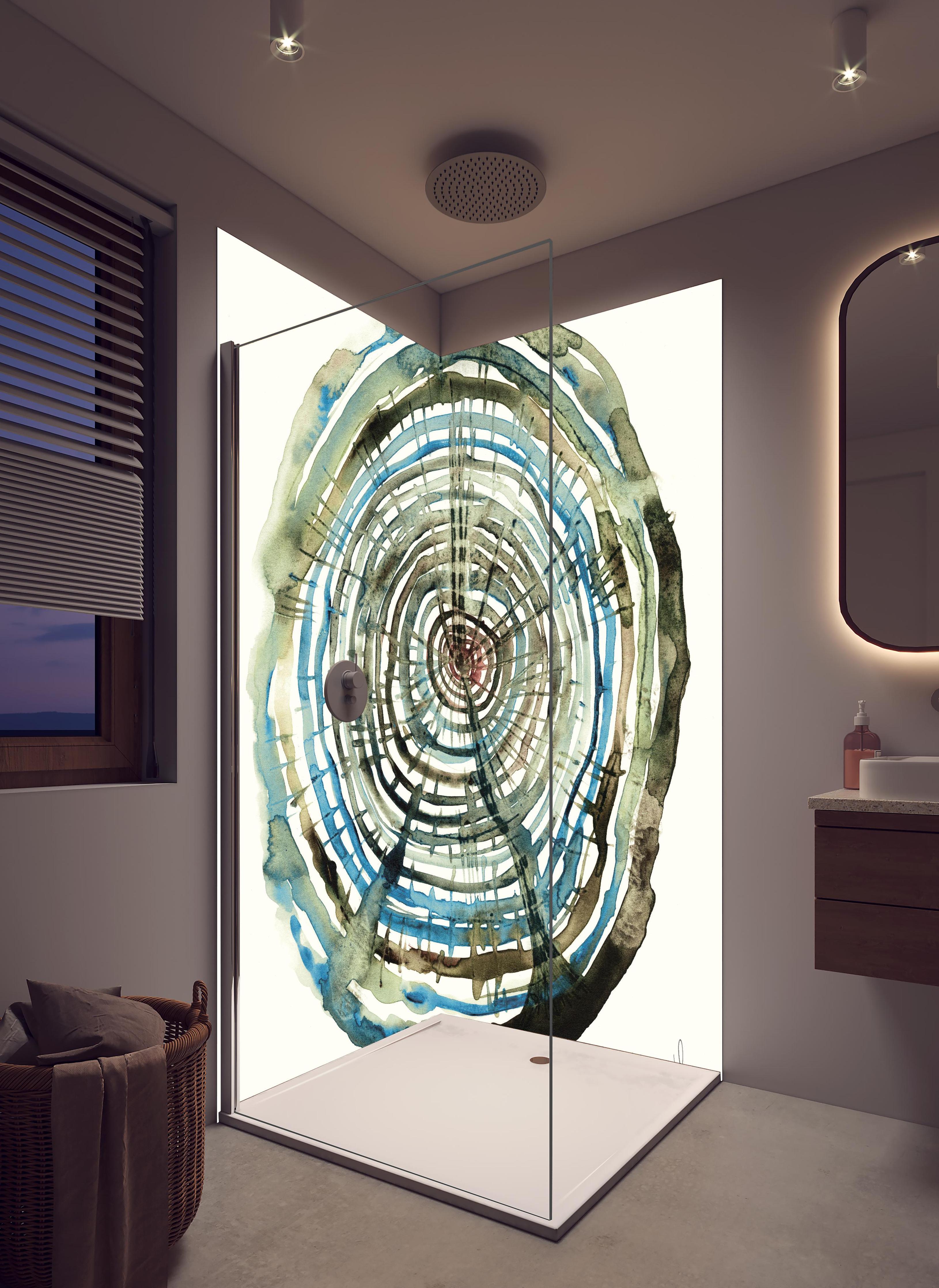 Duschrückwand - Aquarell Zeichnung - Baumstamm Muster in hellem Badezimmer mit Regenduschkopf - zweiteilige Eck-Duschrückwand