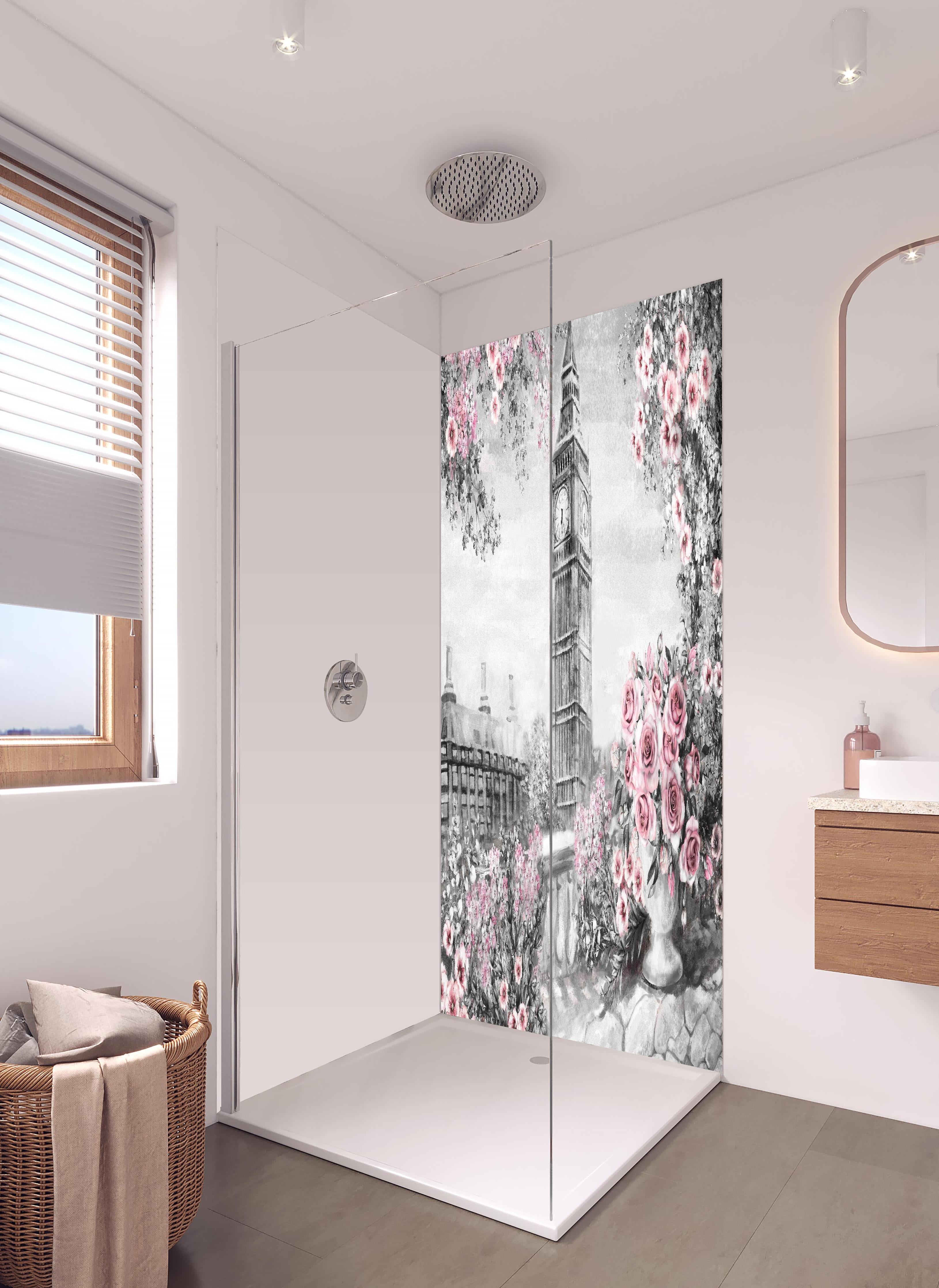 Duschrückwand - Aquarell des Big Ben in hellem Badezimmer mit Regenduschkopf - zweiteilige Eck-Duschrückwand