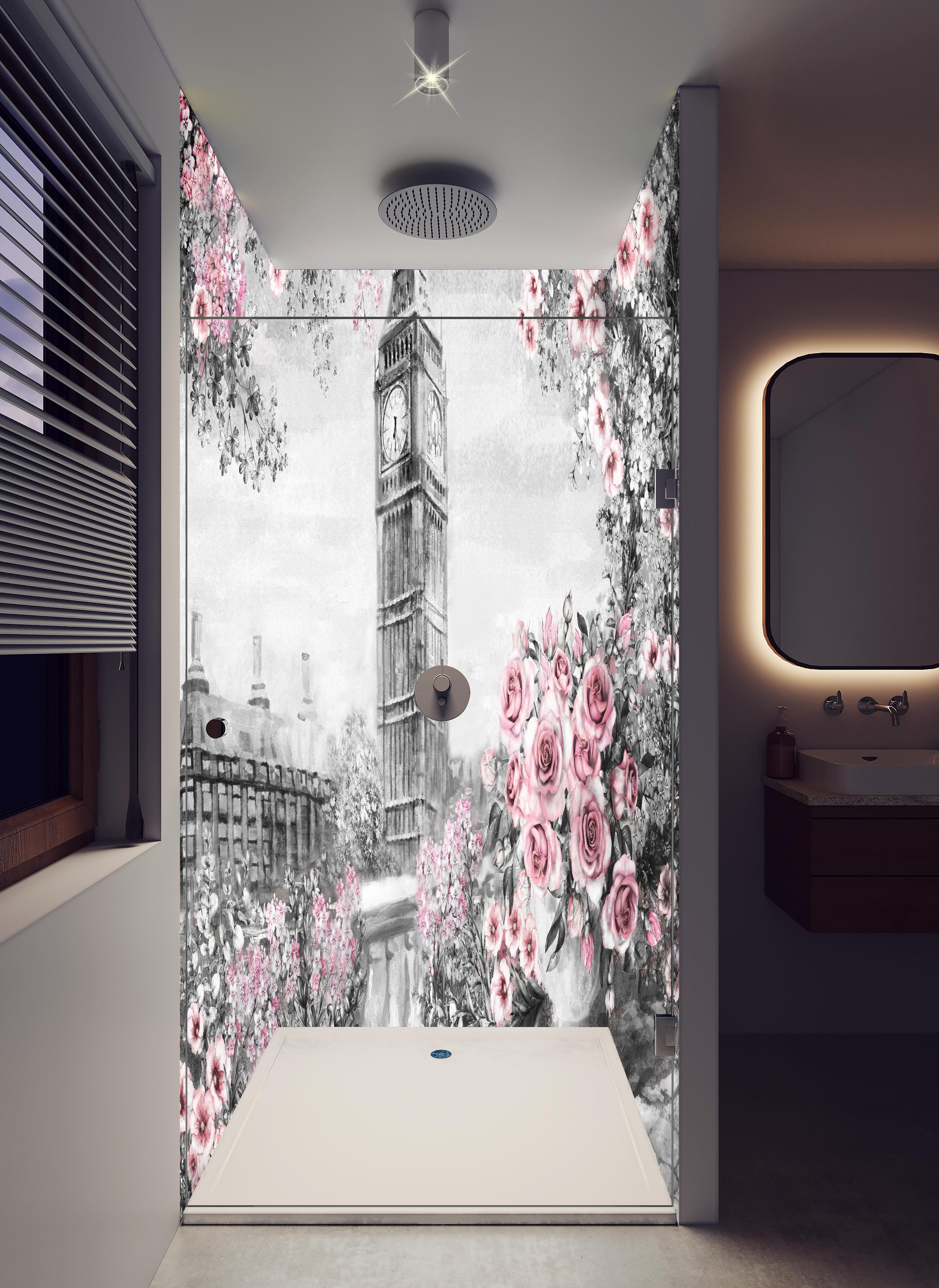 Duschrückwand - Aquarell des Big Ben in hellem Badezimmer mit Regenduschkopf - zweiteilige Eck-Duschrückwand