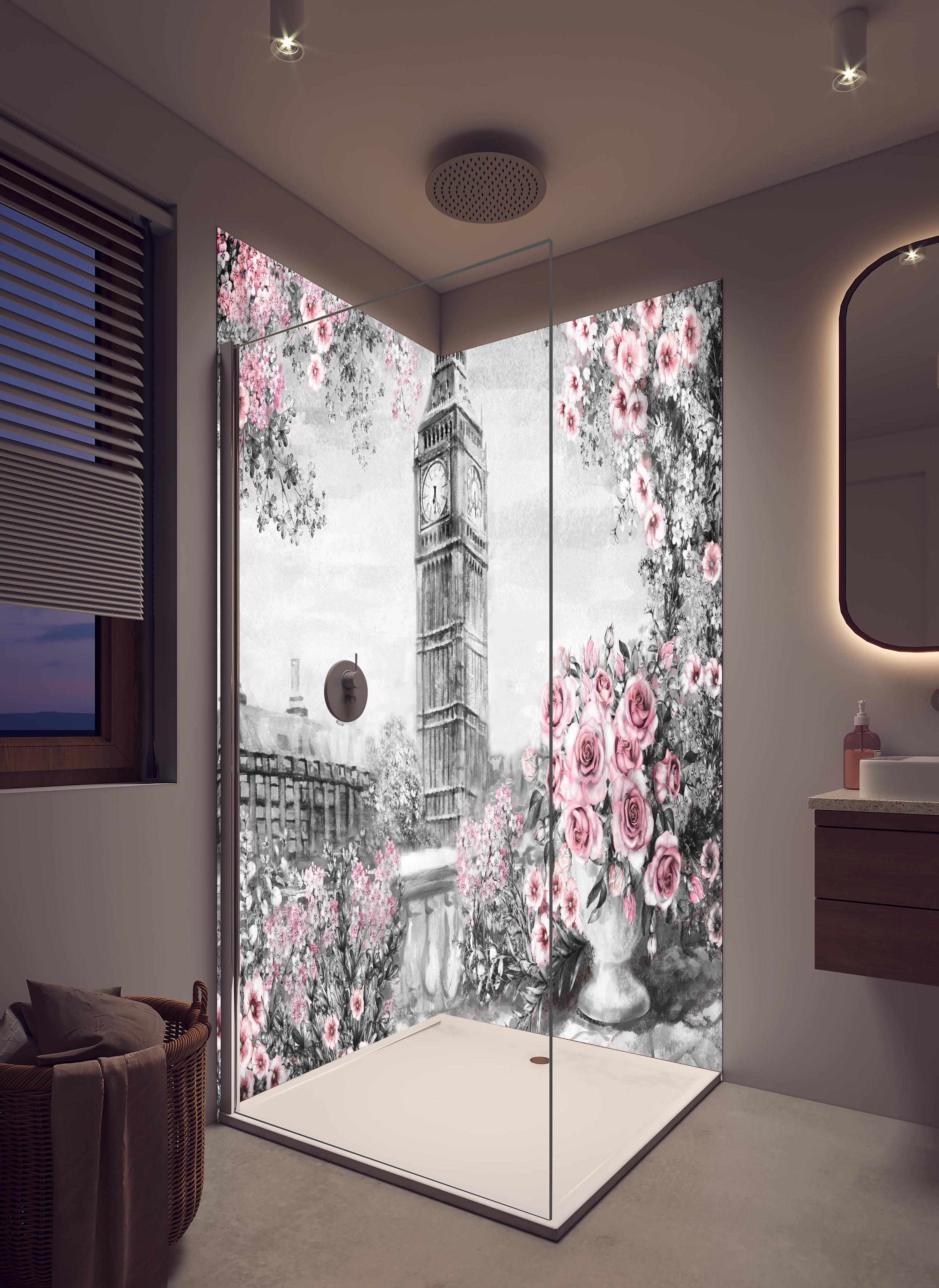 Duschrückwand - Aquarell des Big Ben in hellem Badezimmer mit Regenduschkopf - zweiteilige Eck-Duschrückwand