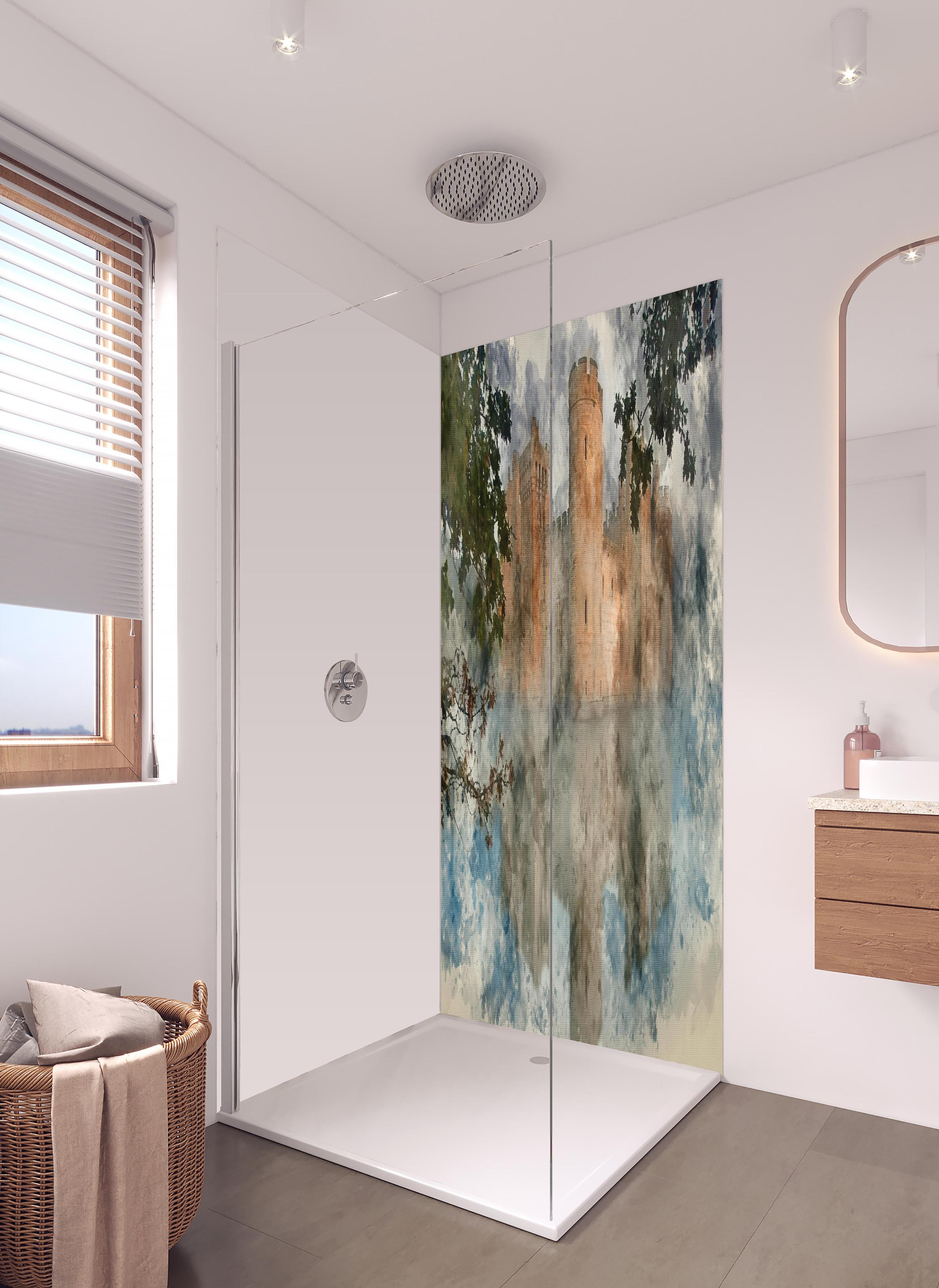 Duschrückwand - Aquarell einer mittelalterlichen Burg in hellem Badezimmer mit Regenduschkopf - zweiteilige Eck-Duschrückwand