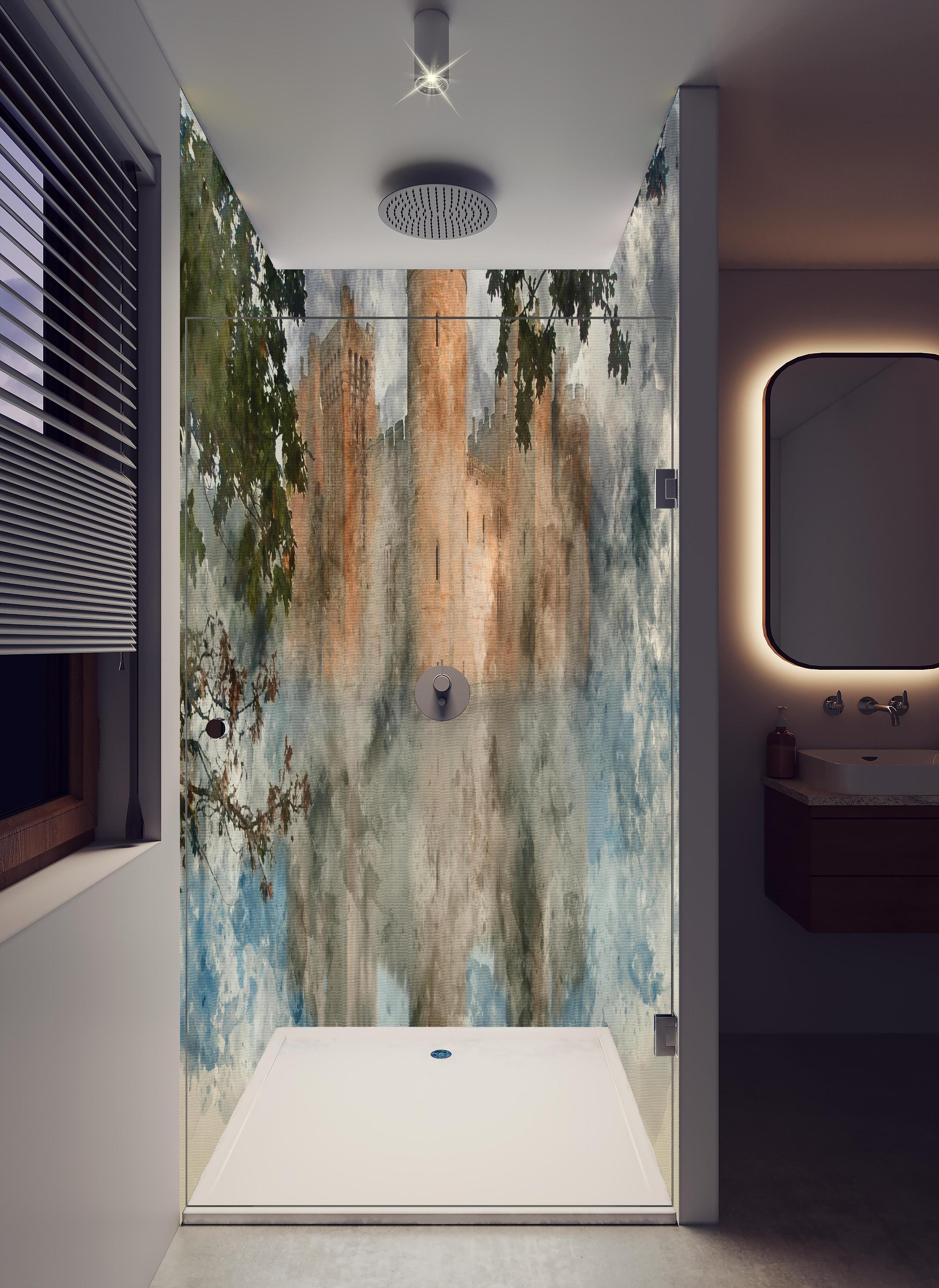 Duschrückwand - Aquarell einer mittelalterlichen Burg in hellem Badezimmer mit Regenduschkopf - zweiteilige Eck-Duschrückwand