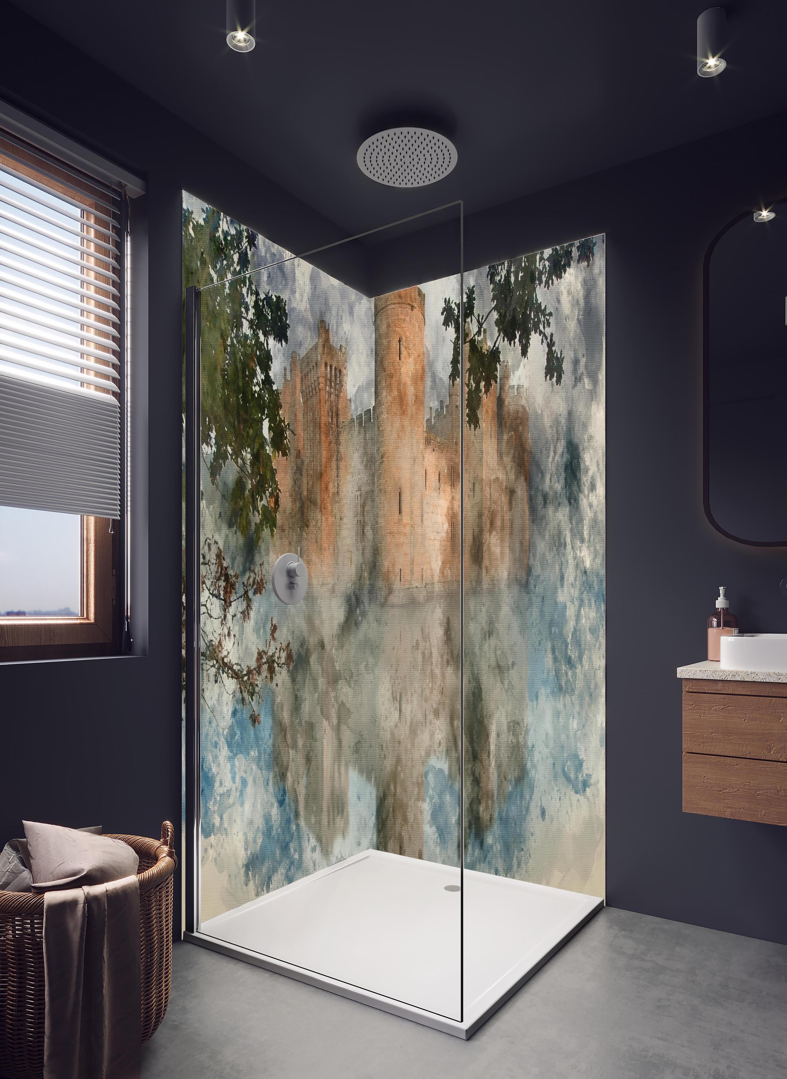 Duschrückwand - Aquarell einer mittelalterlichen Burg in hellem Badezimmer mit Regenduschkopf - zweiteilige Eck-Duschrückwand