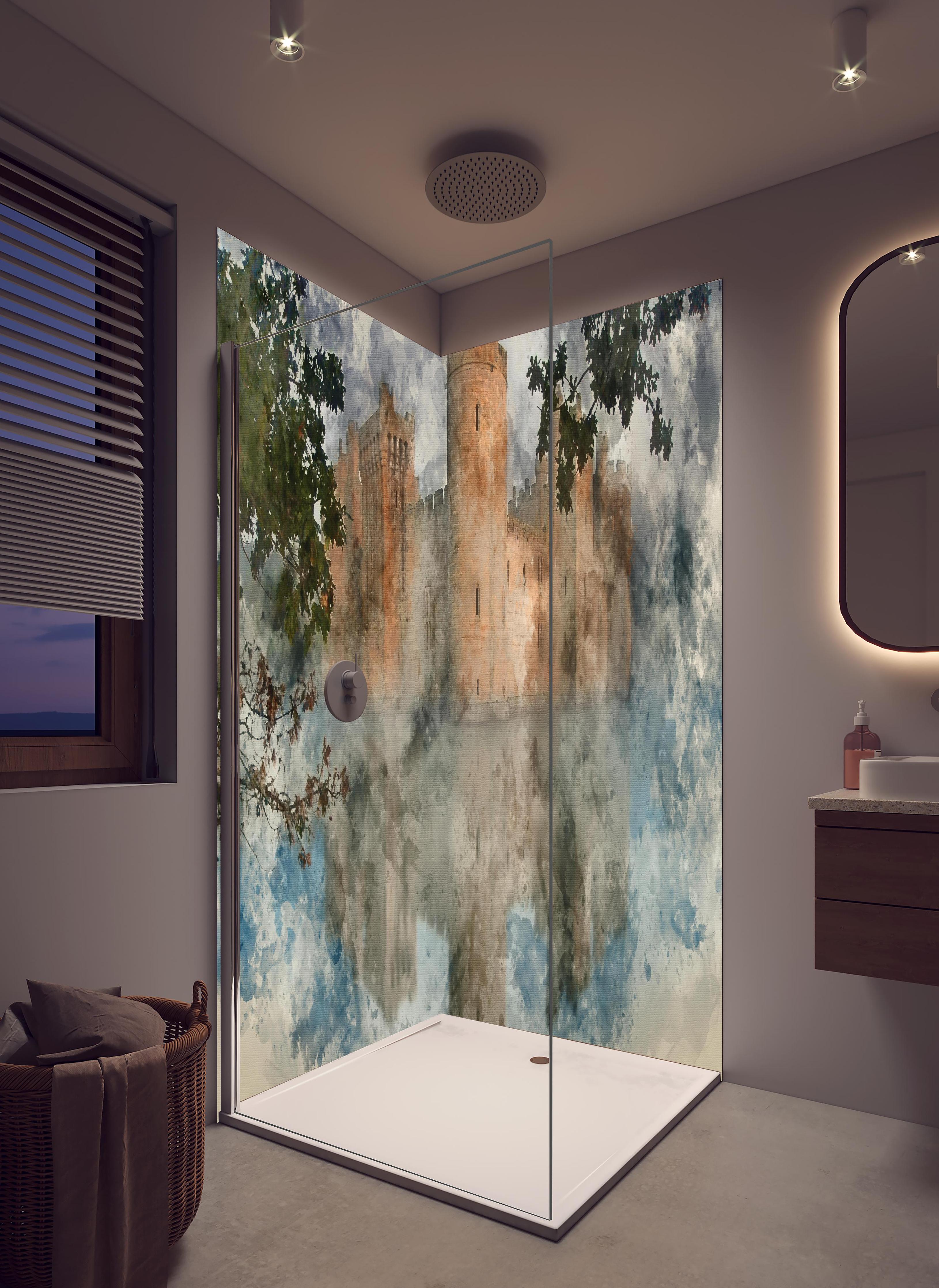 Duschrückwand - Aquarell einer mittelalterlichen Burg in hellem Badezimmer mit Regenduschkopf - zweiteilige Eck-Duschrückwand