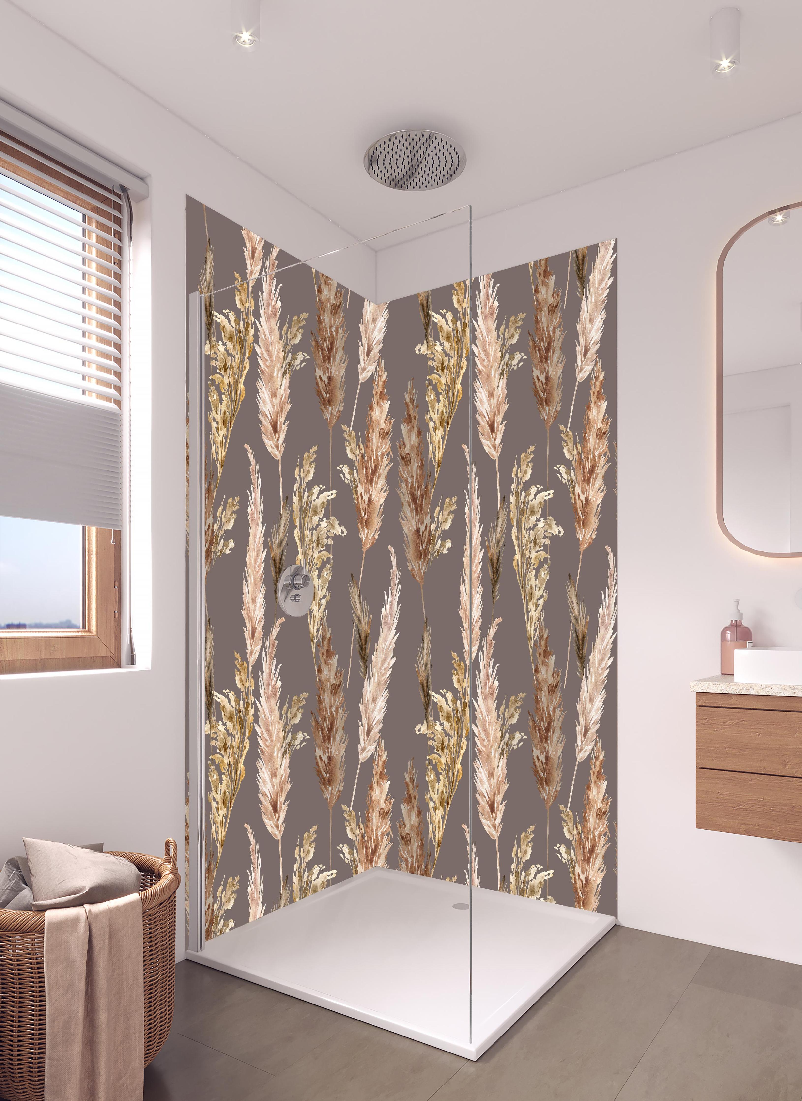 Duschrückwand - Aquarell floralen Muster in hellem Badezimmer mit Regenduschkopf - zweiteilige Eck-Duschrückwand