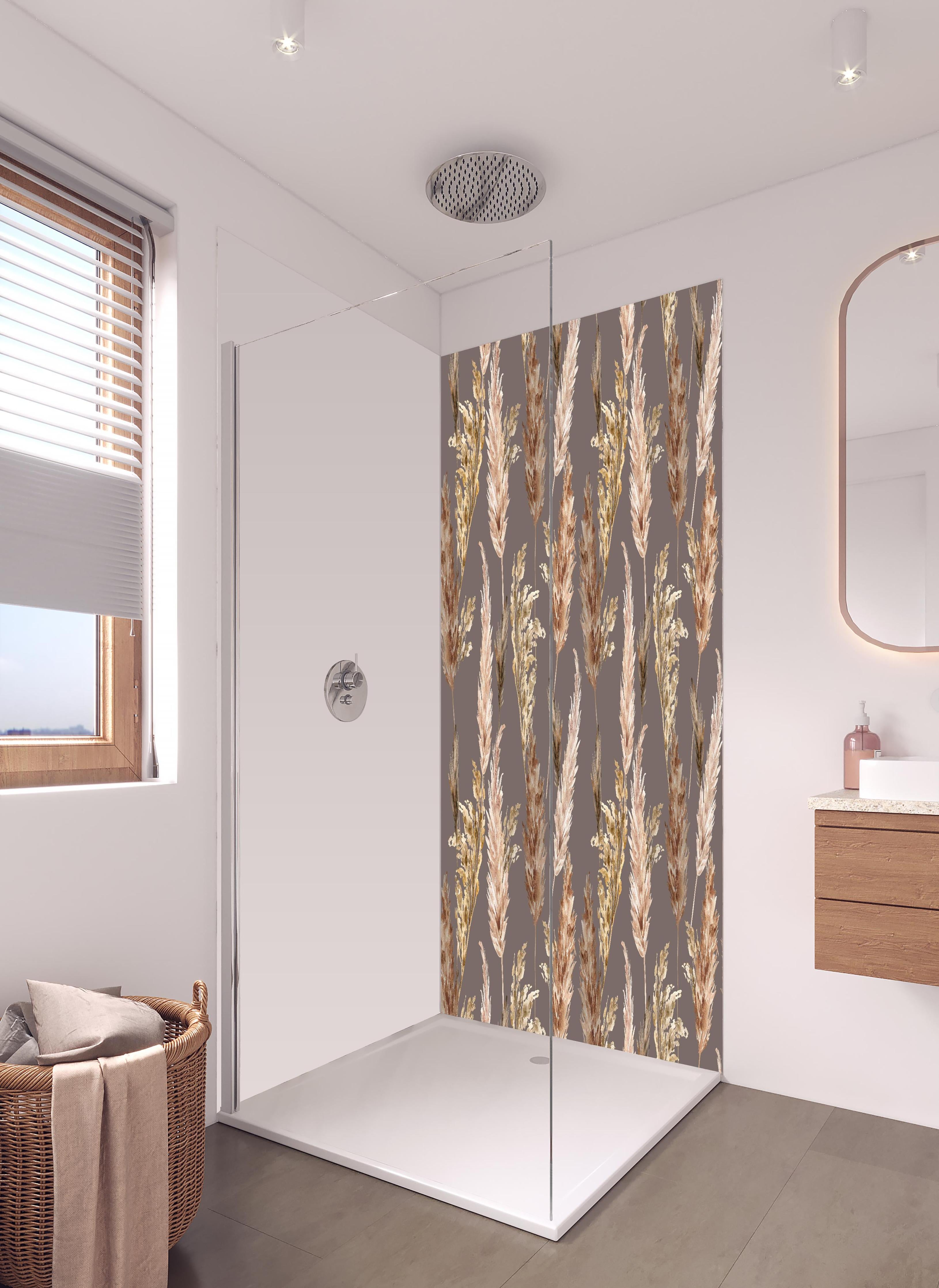 Duschrückwand - Aquarell floralen Muster in hellem Badezimmer mit Regenduschkopf - zweiteilige Eck-Duschrückwand