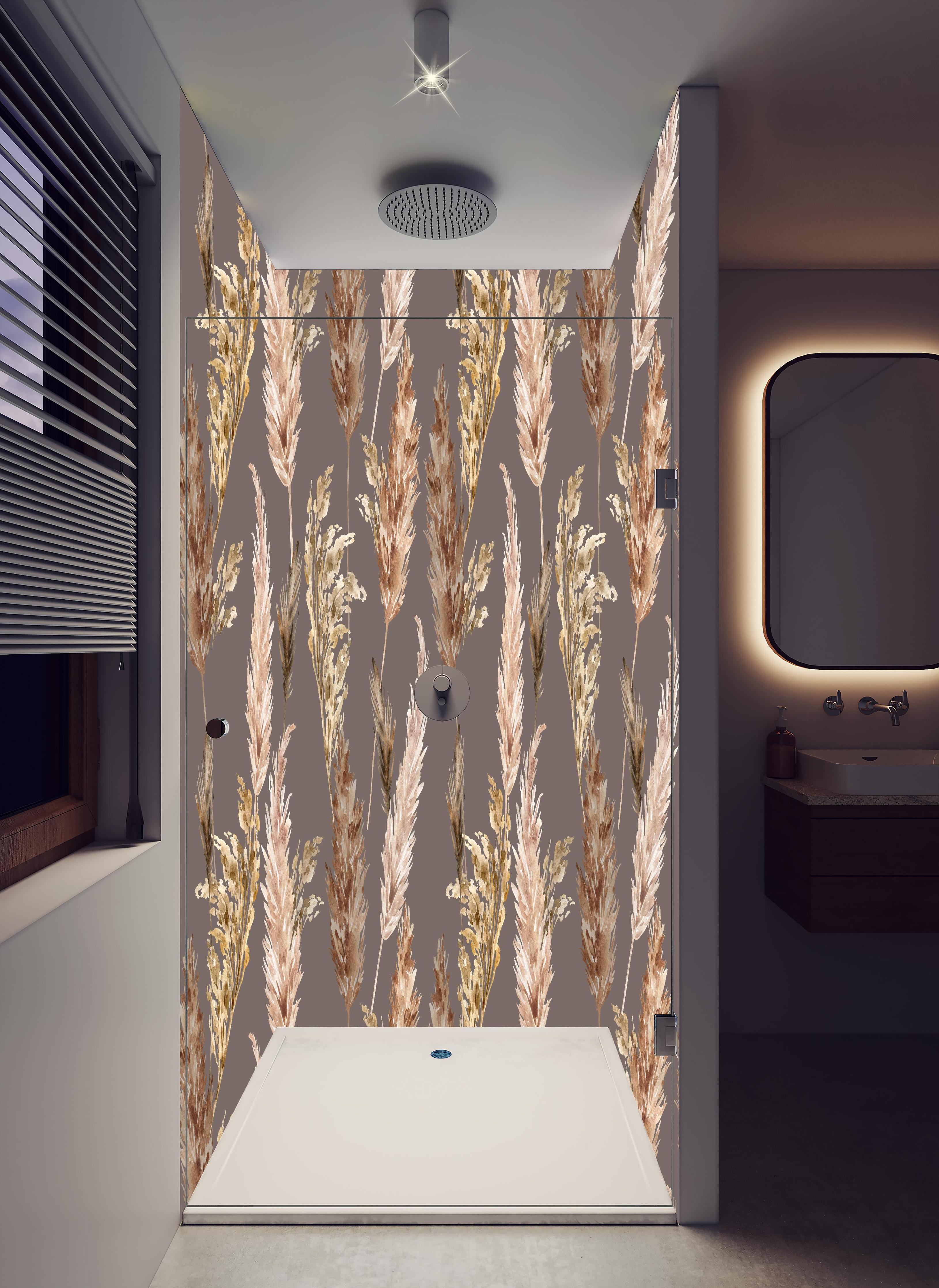 Duschrückwand - Aquarell floralen Muster in hellem Badezimmer mit Regenduschkopf - zweiteilige Eck-Duschrückwand