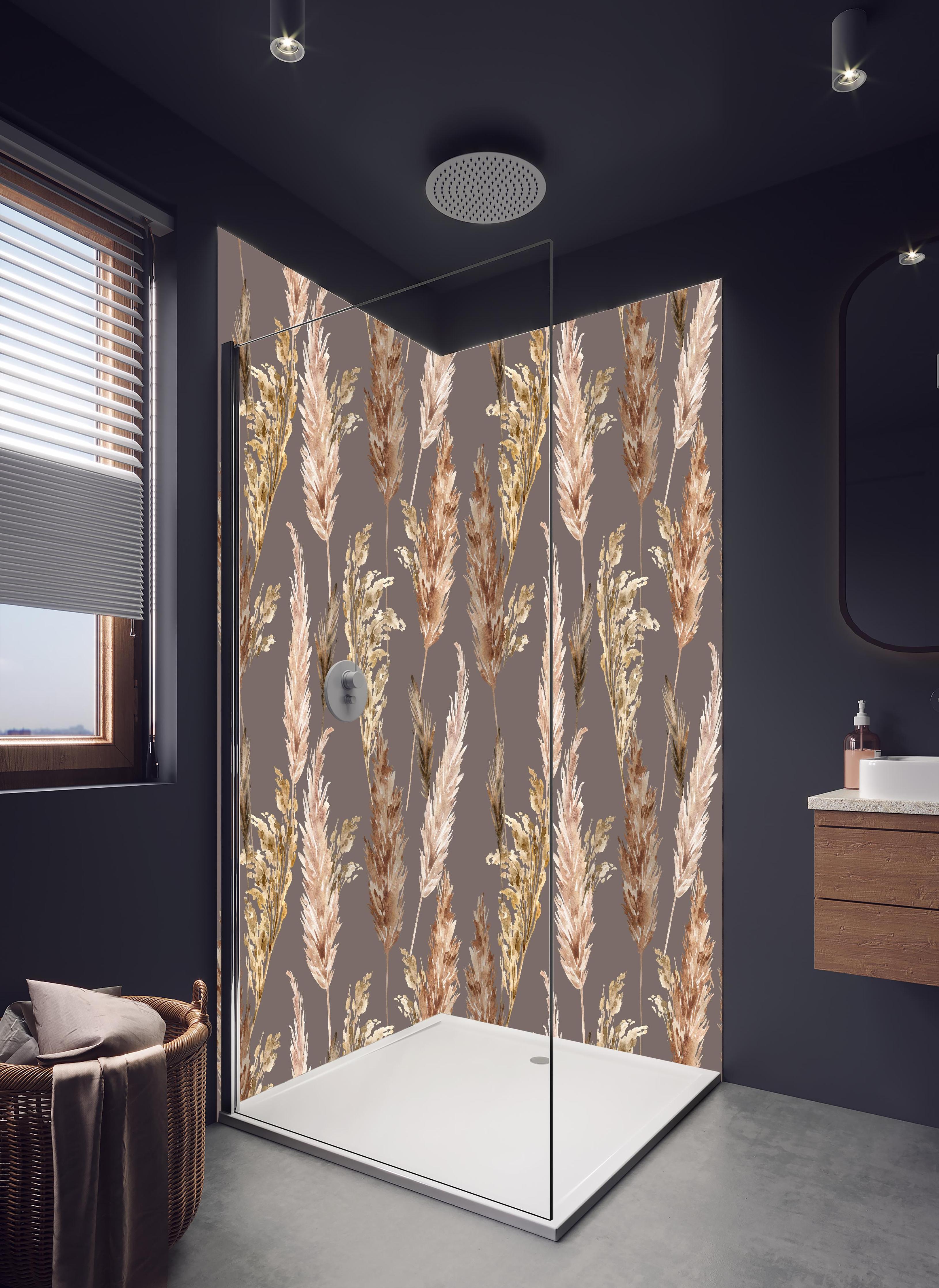 Duschrückwand - Aquarell floralen Muster in hellem Badezimmer mit Regenduschkopf - zweiteilige Eck-Duschrückwand