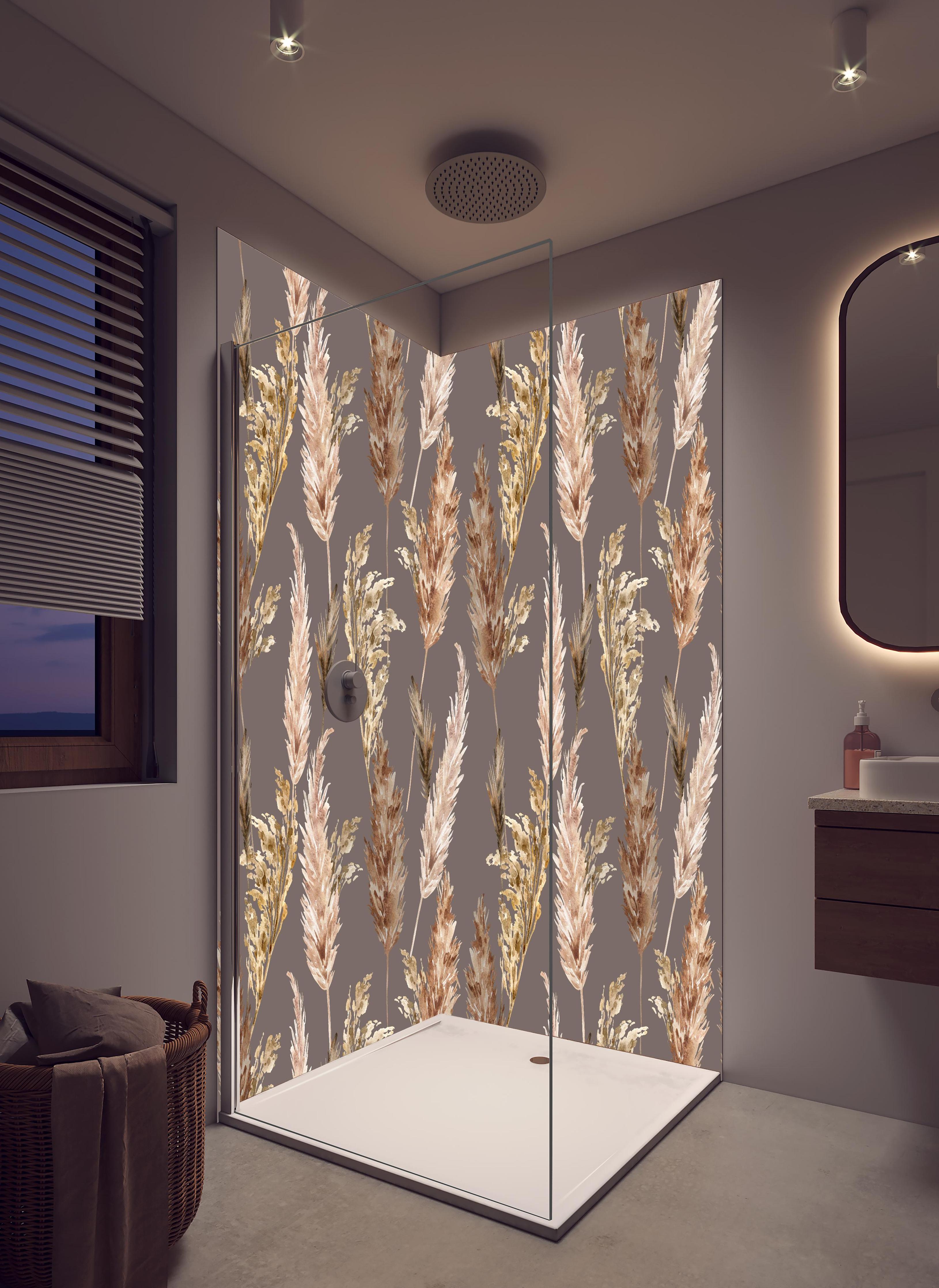 Duschrückwand - Aquarell floralen Muster in hellem Badezimmer mit Regenduschkopf - zweiteilige Eck-Duschrückwand