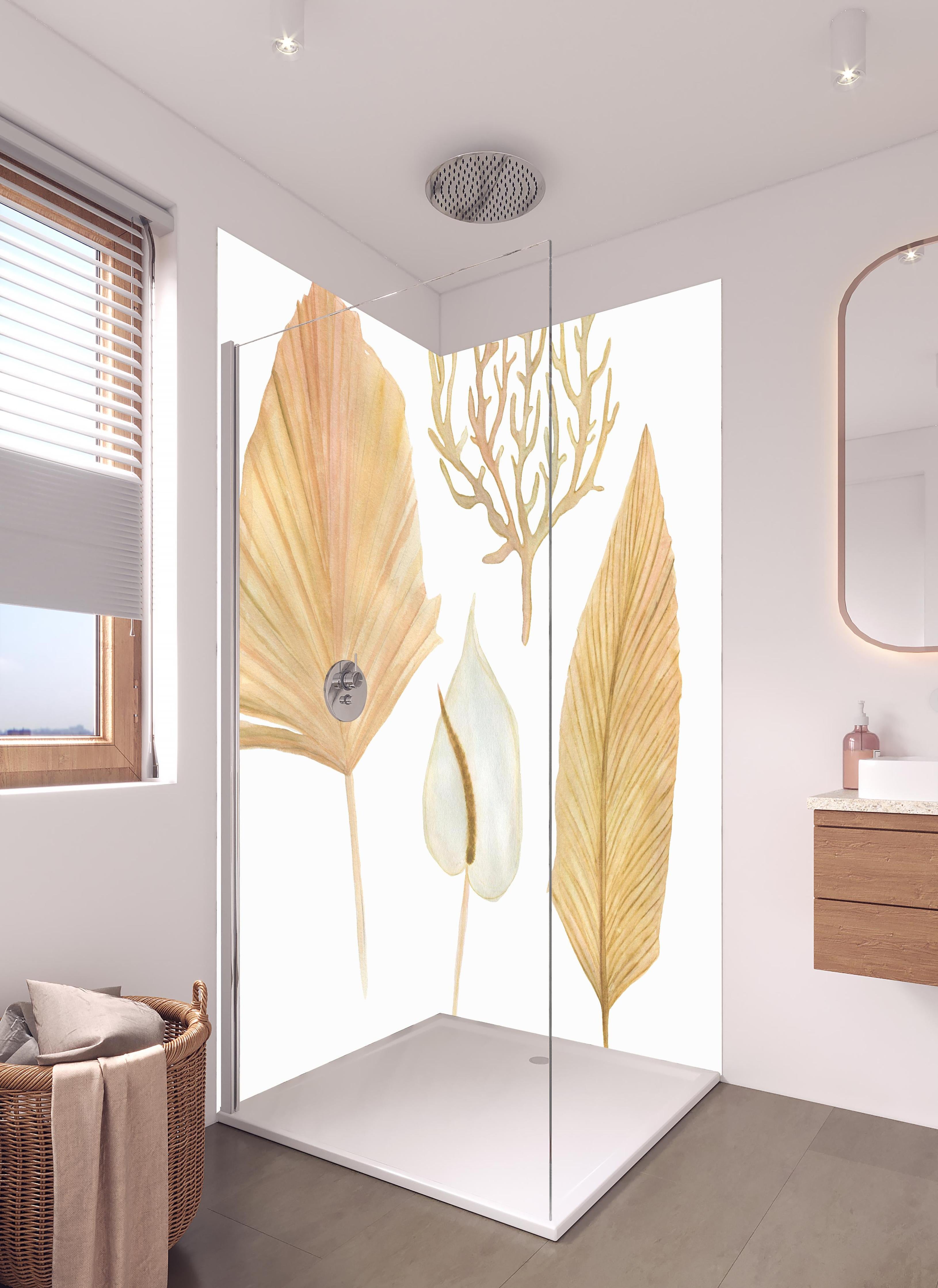 Duschrückwand - Aquarellmalerei - Verschiedene natürliche Blätter in hellem Badezimmer mit Regenduschkopf - zweiteilige Eck-Duschrückwand