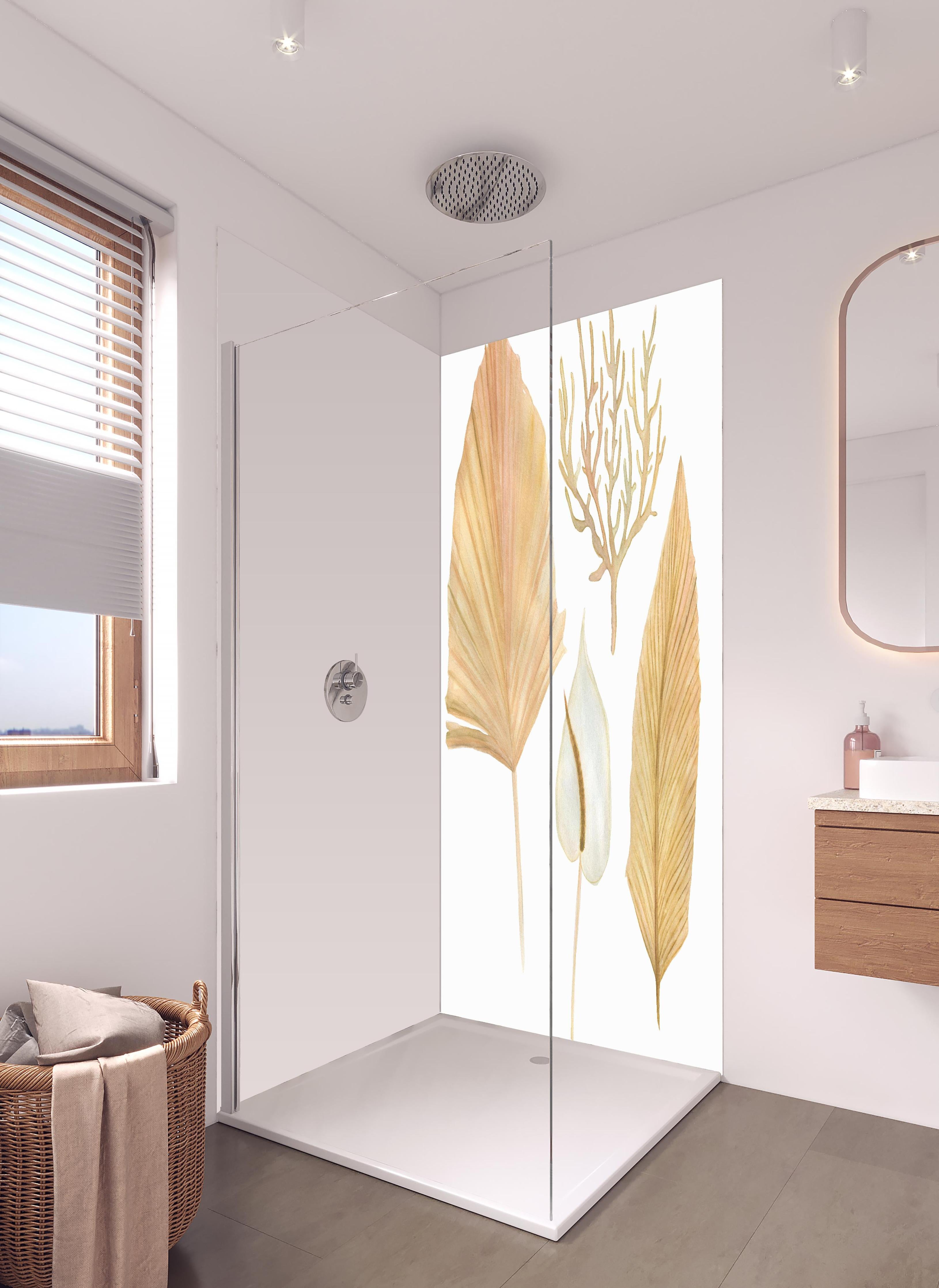 Duschrückwand - Aquarellmalerei - Verschiedene natürliche Blätter in hellem Badezimmer mit Regenduschkopf - zweiteilige Eck-Duschrückwand