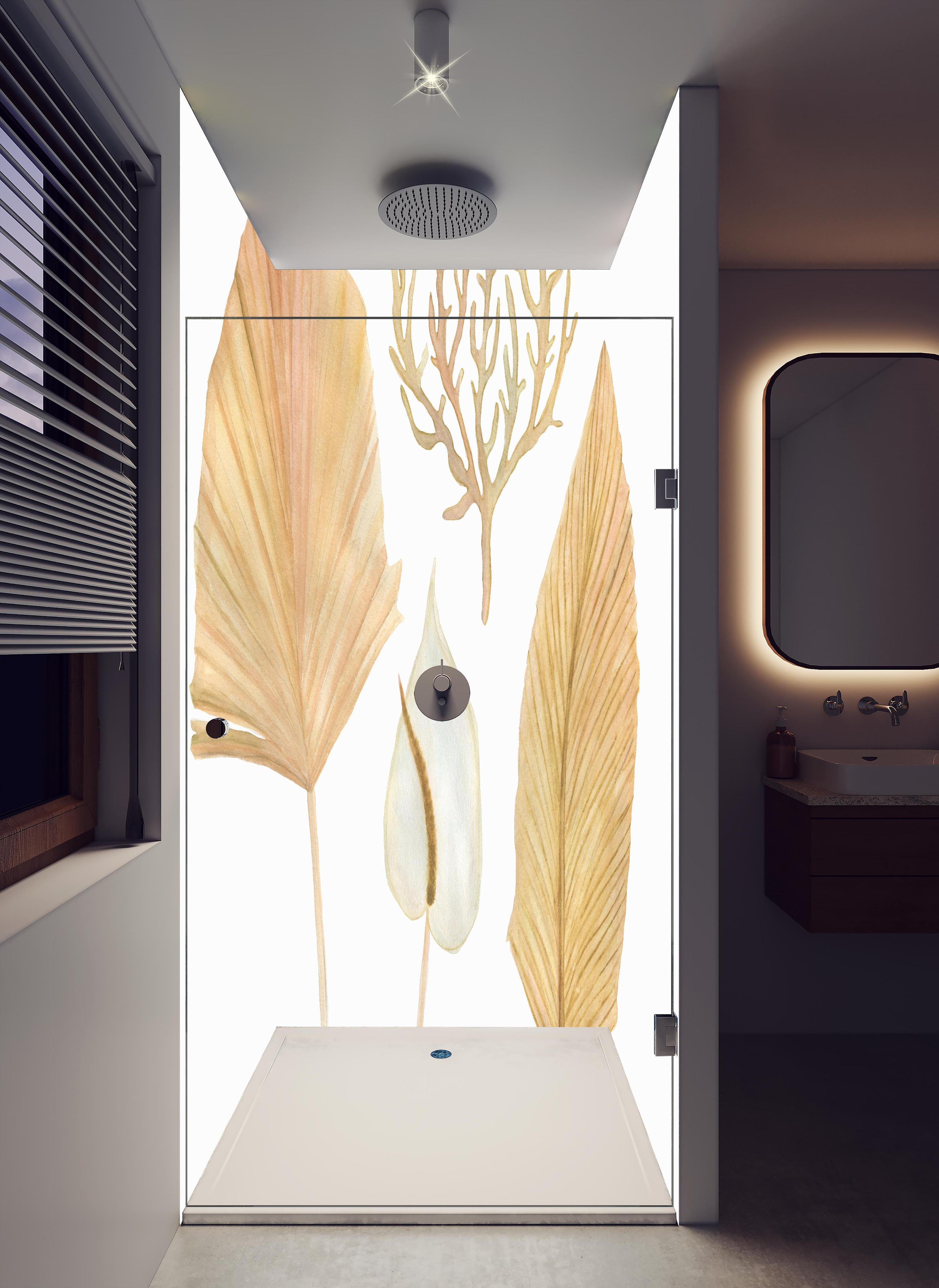 Duschrückwand - Aquarellmalerei - Verschiedene natürliche Blätter in hellem Badezimmer mit Regenduschkopf - zweiteilige Eck-Duschrückwand
