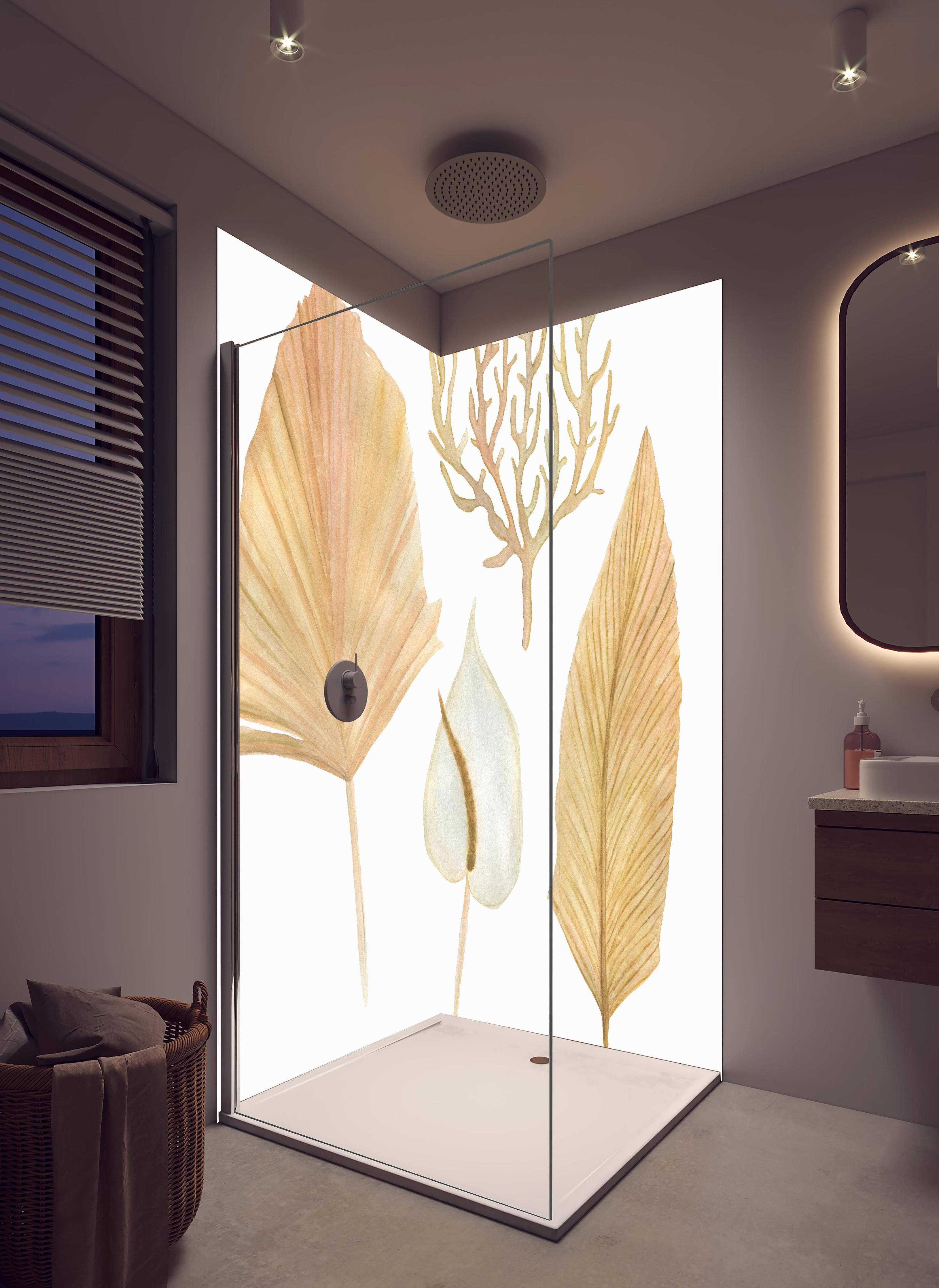 Duschrückwand - Aquarellmalerei - Verschiedene natürliche Blätter in hellem Badezimmer mit Regenduschkopf - zweiteilige Eck-Duschrückwand