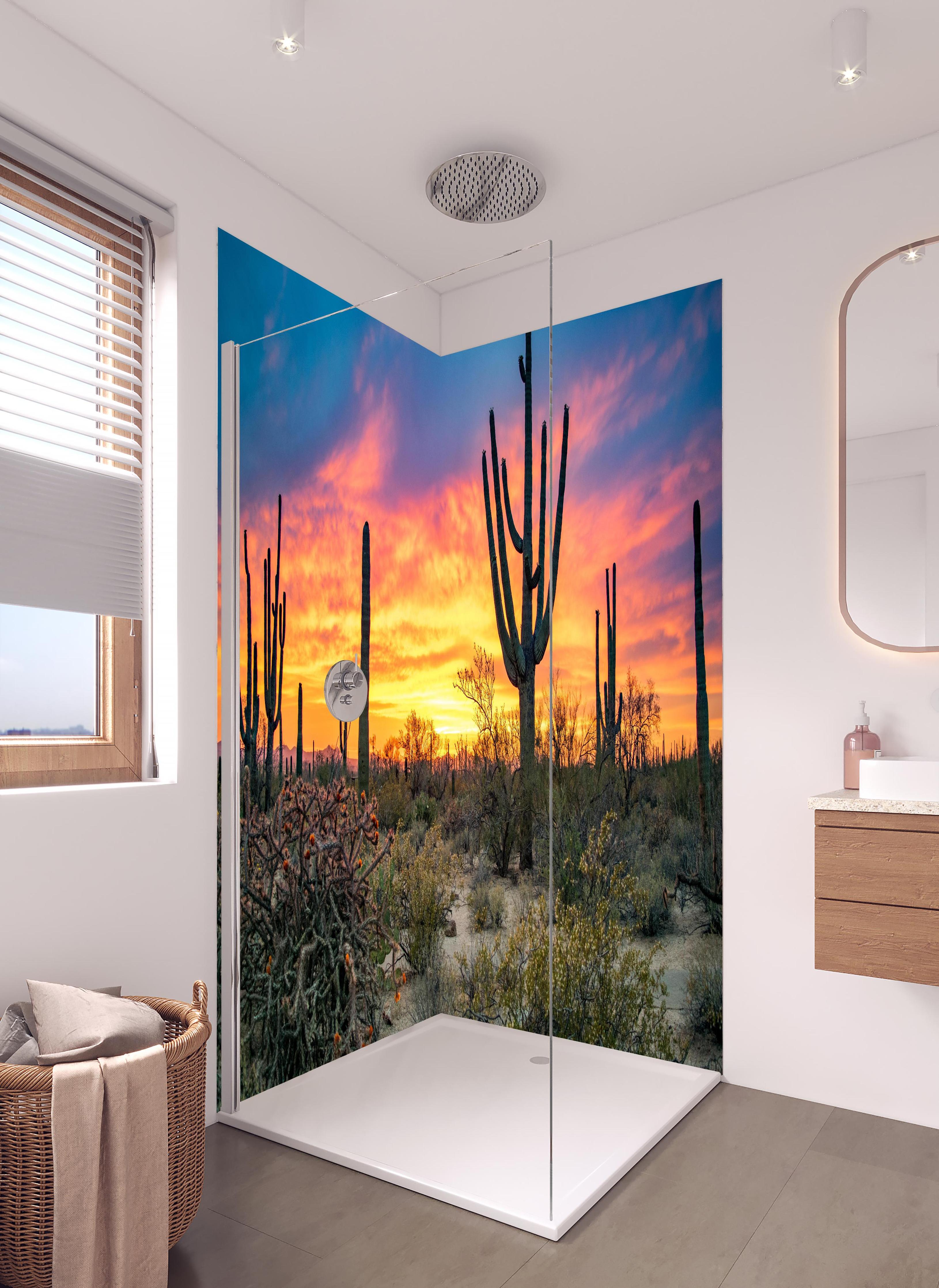 Duschrückwand - Arizona Wüste mit Kaktus Sonnenuntergang in hellem Badezimmer mit Regenduschkopf - zweiteilige Eck-Duschrückwand