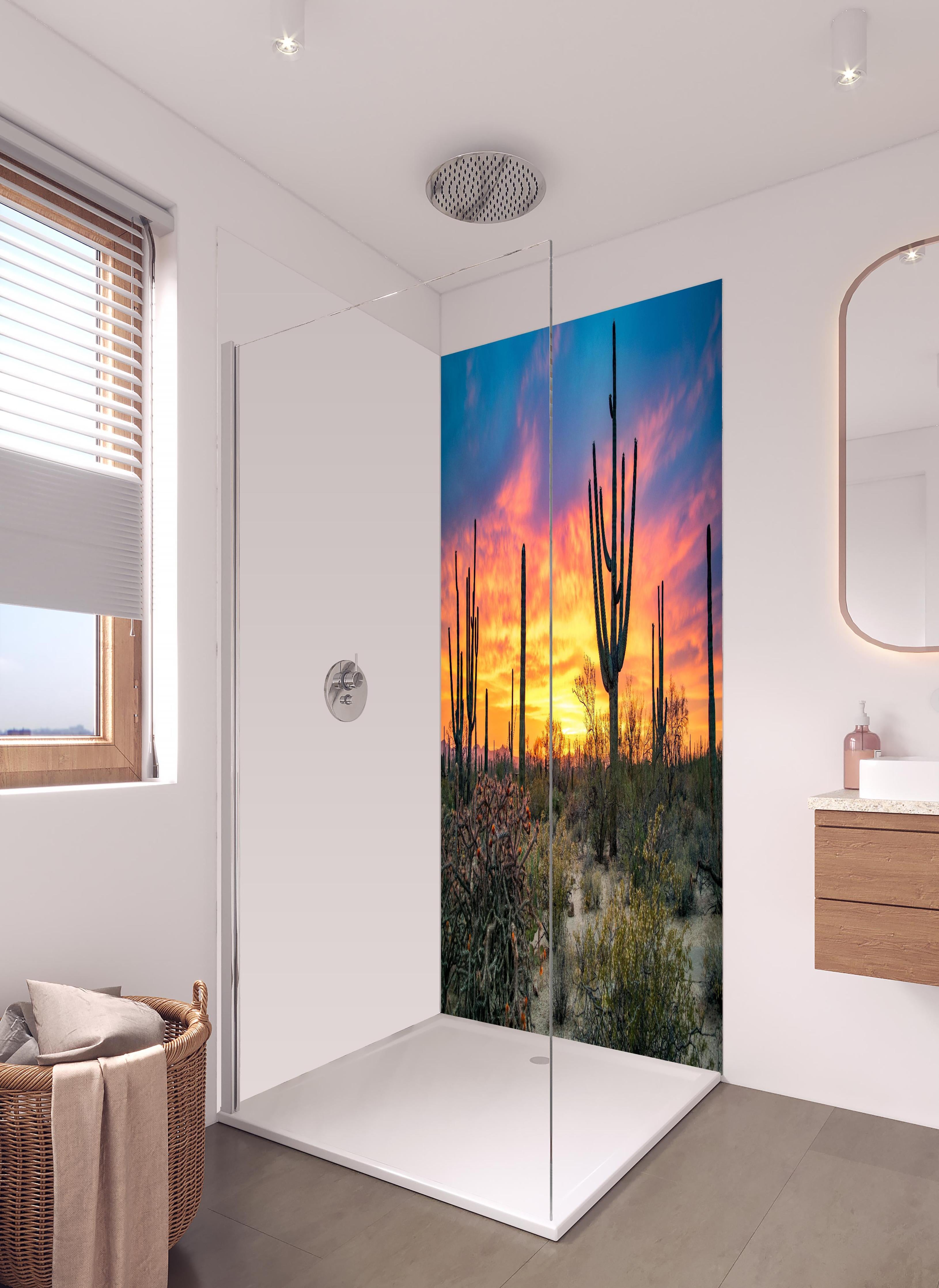 Duschrückwand - Arizona Wüste mit Kaktus Sonnenuntergang in hellem Badezimmer mit Regenduschkopf - zweiteilige Eck-Duschrückwand