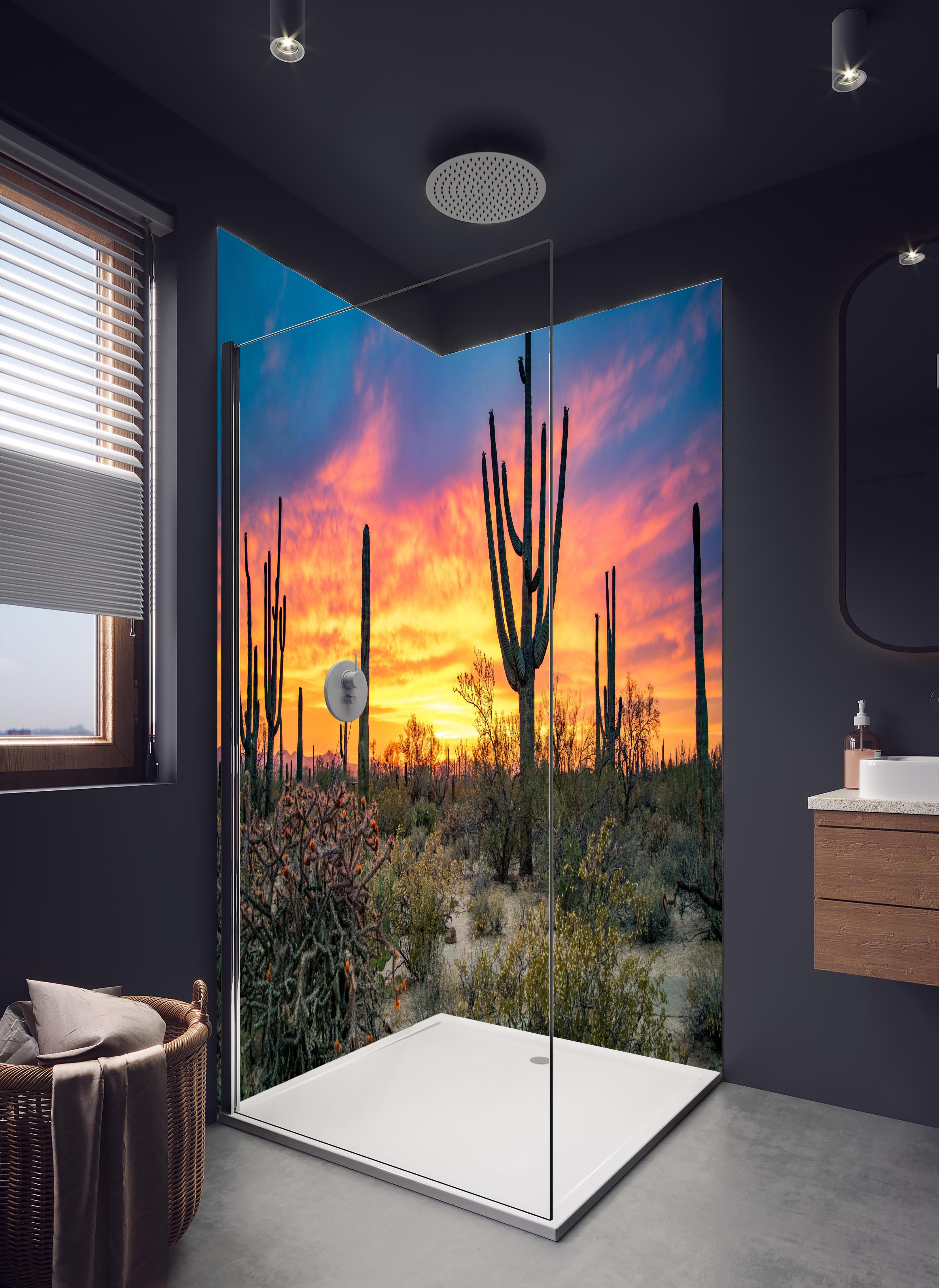 Duschrückwand - Arizona Wüste mit Kaktus Sonnenuntergang in hellem Badezimmer mit Regenduschkopf - zweiteilige Eck-Duschrückwand