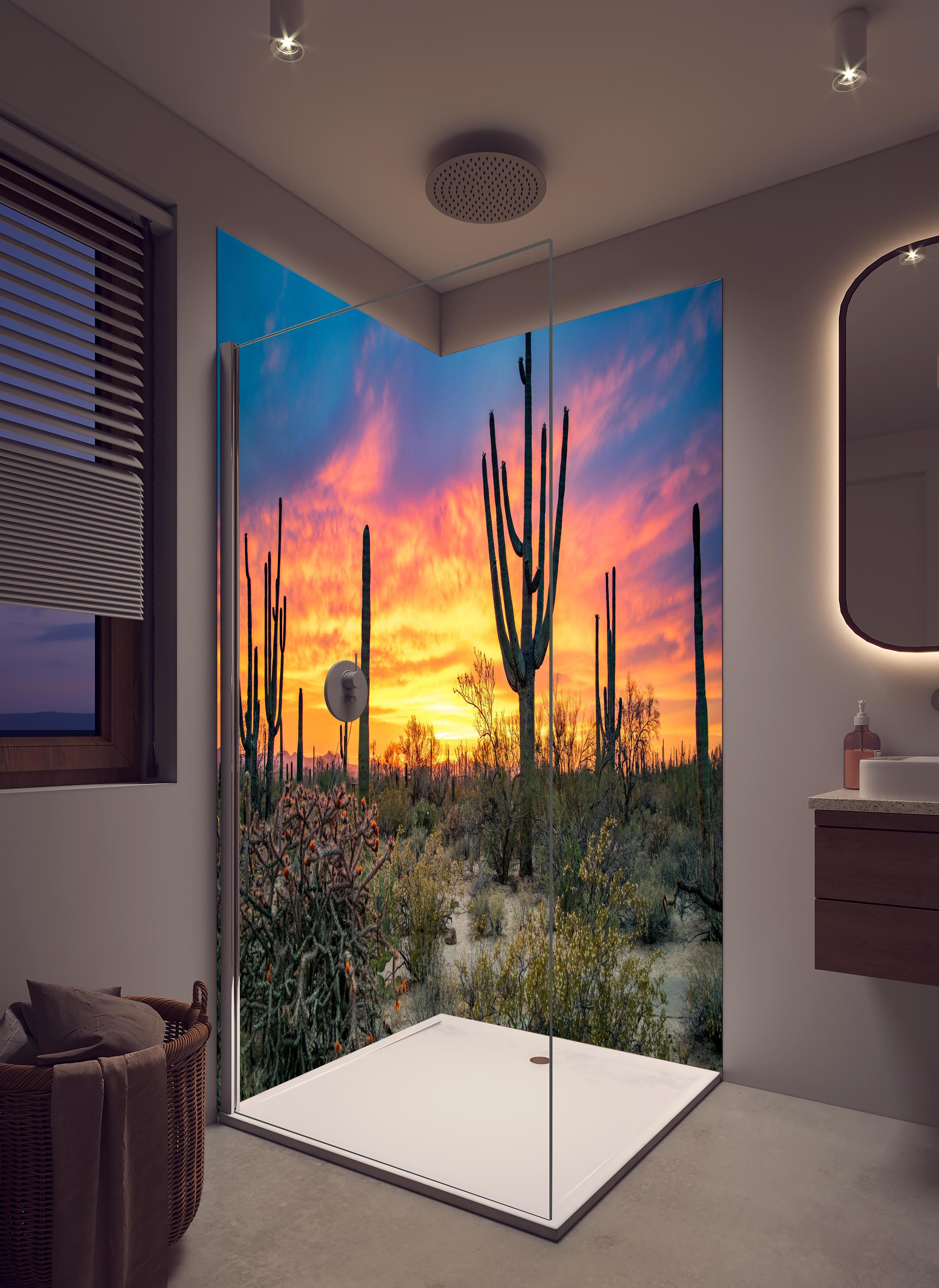 Duschrückwand - Arizona Wüste mit Kaktus Sonnenuntergang in hellem Badezimmer mit Regenduschkopf - zweiteilige Eck-Duschrückwand