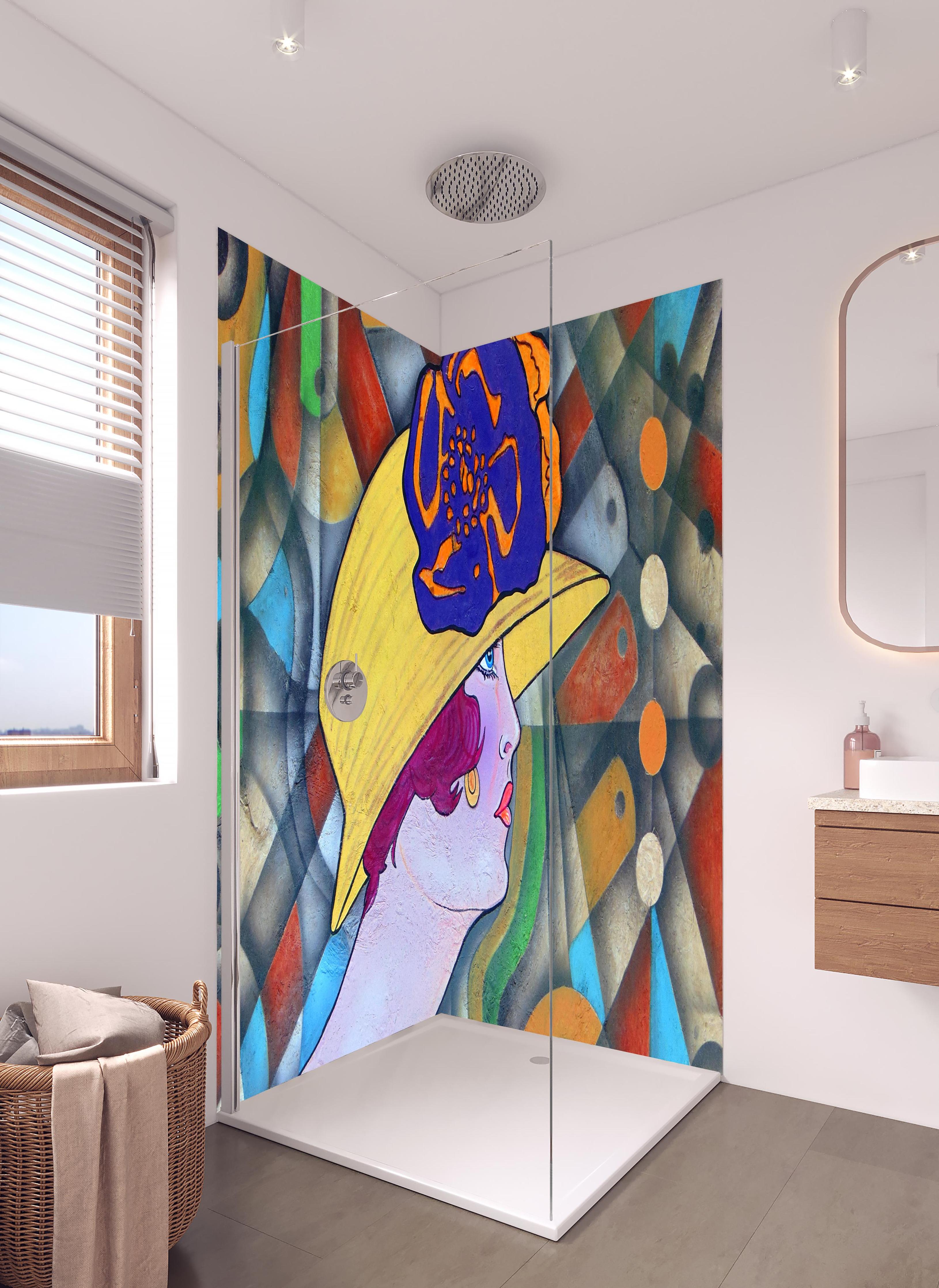 Duschrückwand - Art Deco Portrait Frau in Farbexplosion in hellem Badezimmer mit Regenduschkopf - zweiteilige Eck-Duschrückwand