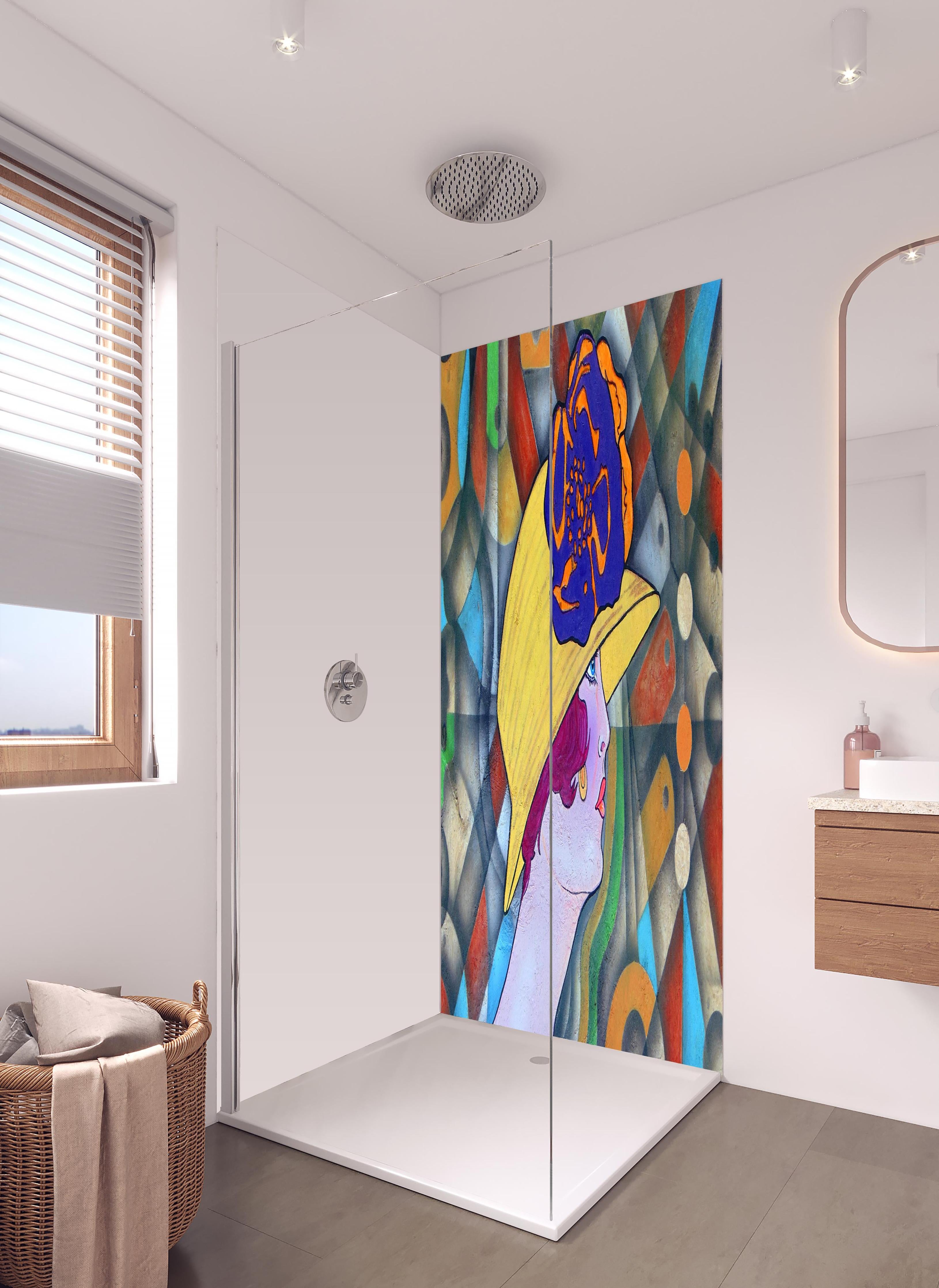 Duschrückwand - Art Deco Portrait Frau in Farbexplosion in hellem Badezimmer mit Regenduschkopf - zweiteilige Eck-Duschrückwand