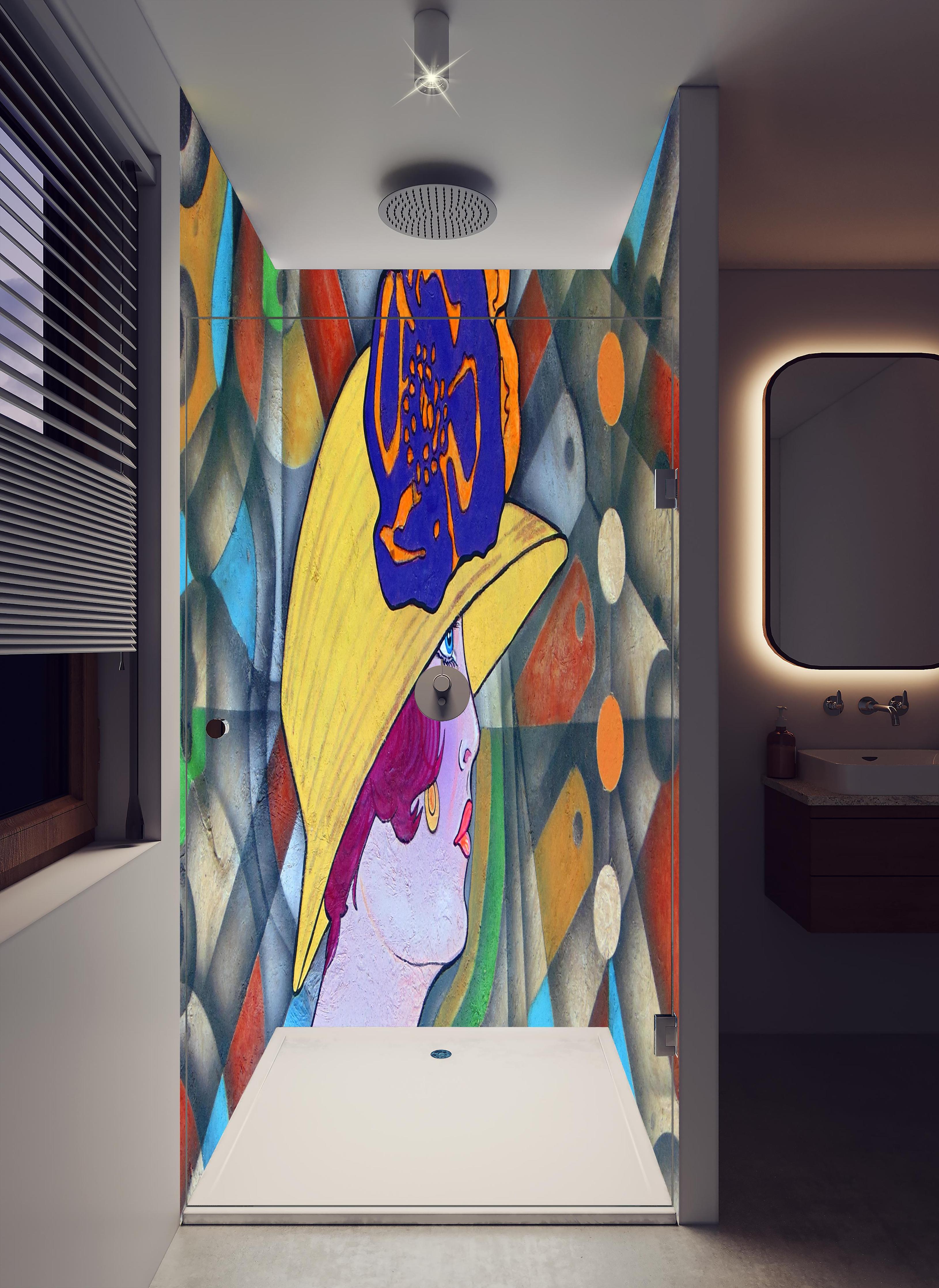Duschrückwand - Art Deco Portrait Frau in Farbexplosion in hellem Badezimmer mit Regenduschkopf - zweiteilige Eck-Duschrückwand