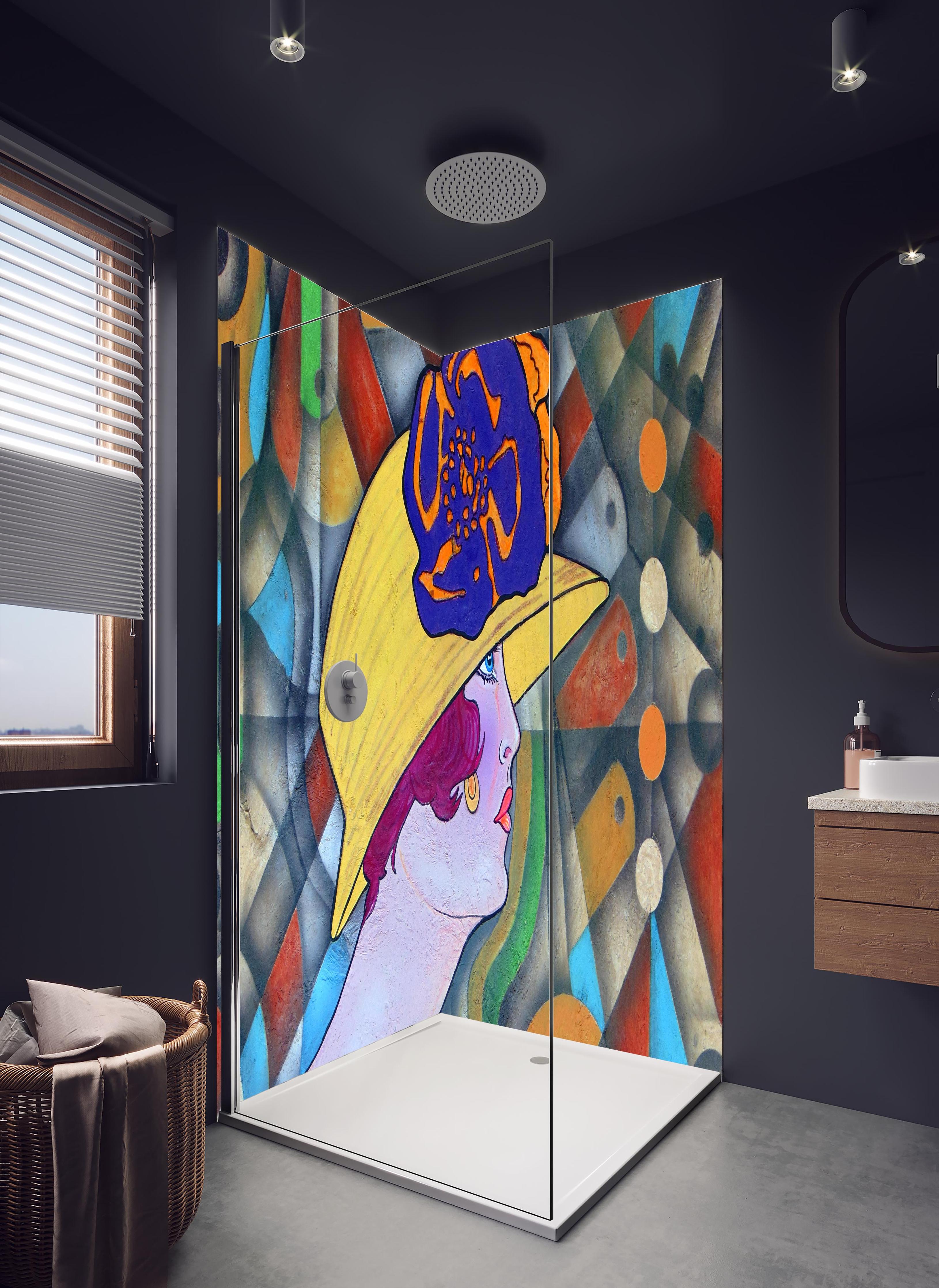 Duschrückwand - Art Deco Portrait Frau in Farbexplosion in hellem Badezimmer mit Regenduschkopf - zweiteilige Eck-Duschrückwand