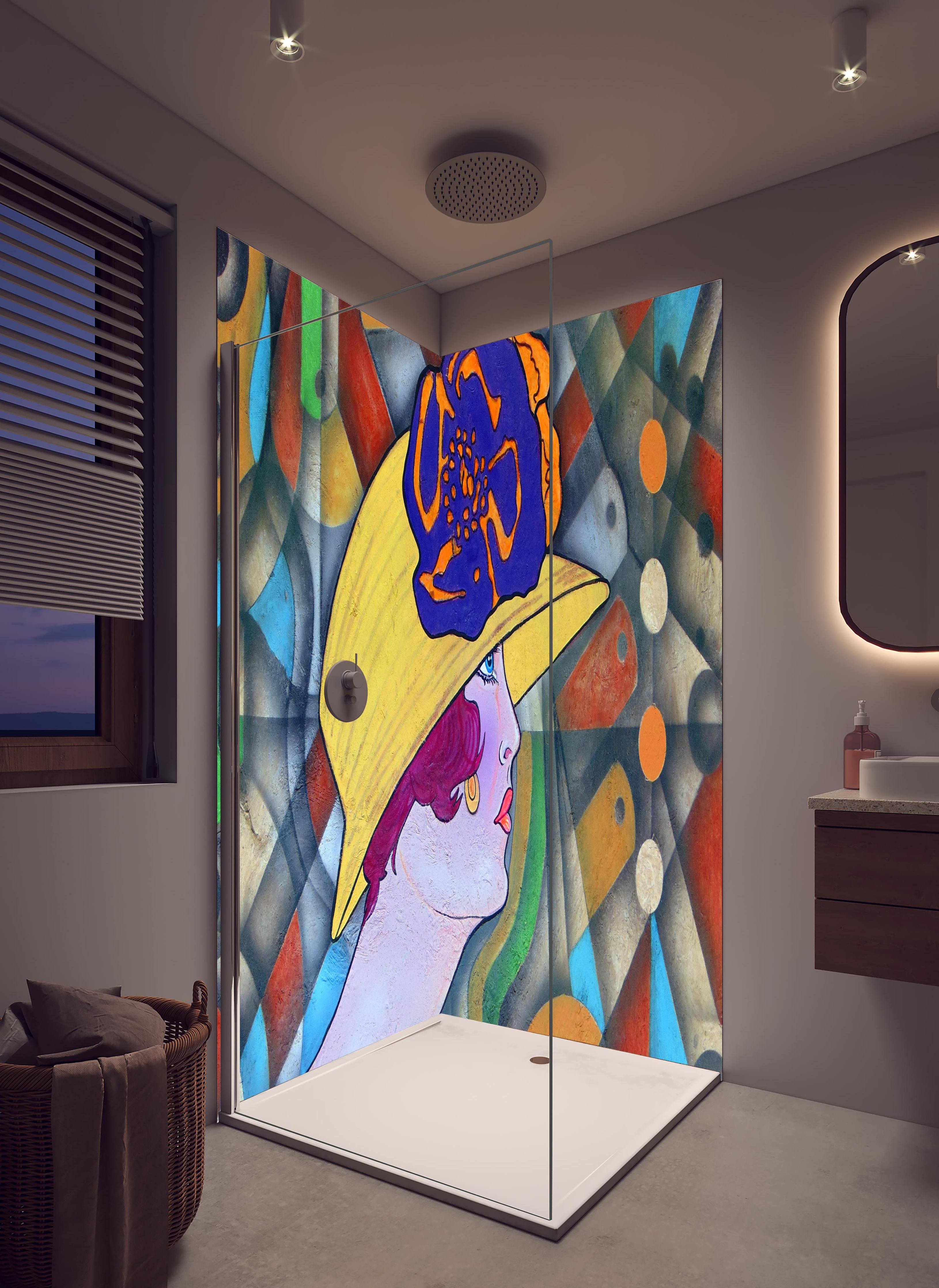 Duschrückwand - Art Deco Portrait Frau in Farbexplosion in hellem Badezimmer mit Regenduschkopf - zweiteilige Eck-Duschrückwand