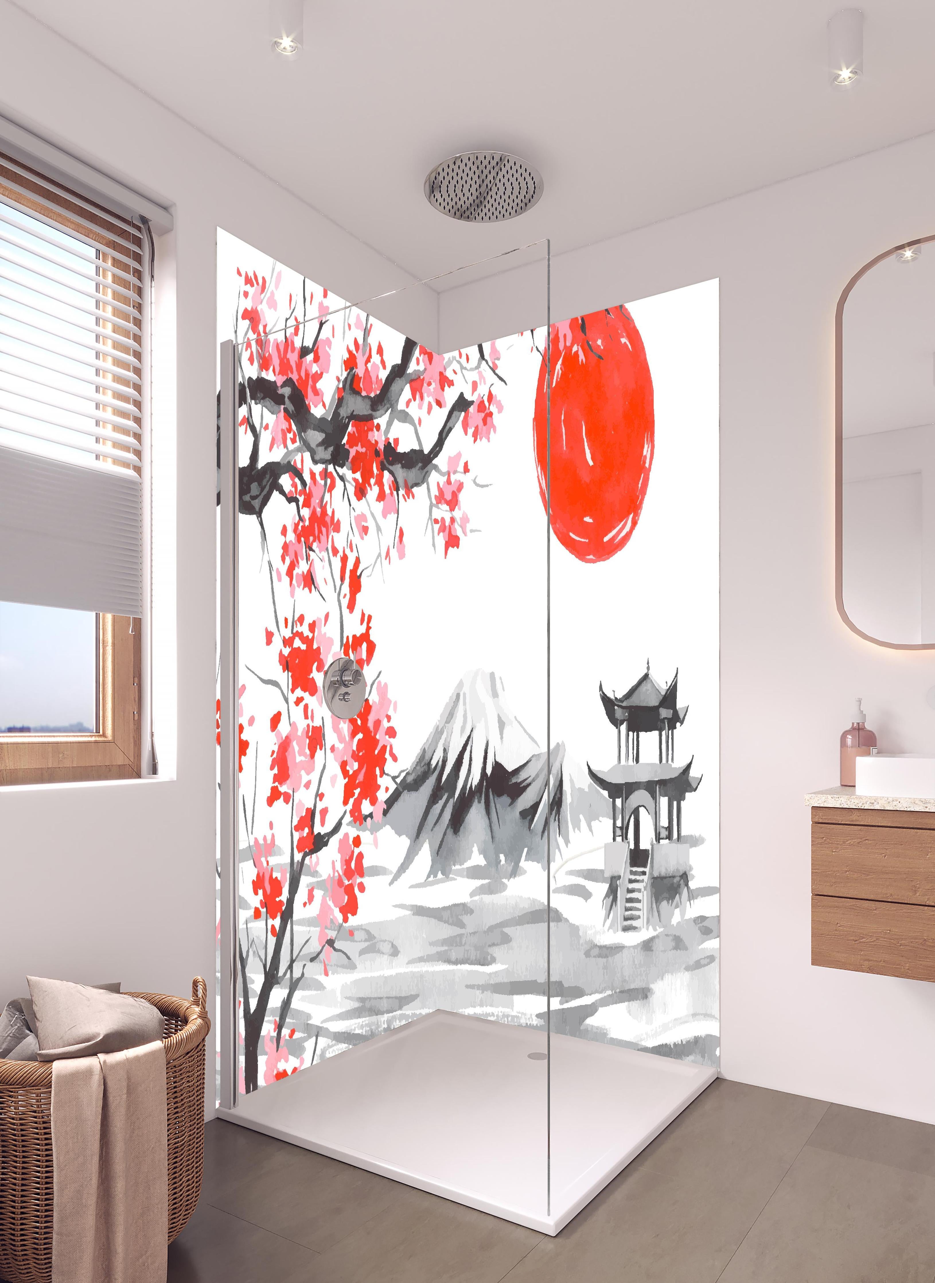 Duschrückwand - Asiatische Aquarellkunst mit Berg & Sonne in hellem Badezimmer mit Regenduschkopf - zweiteilige Eck-Duschrückwand
