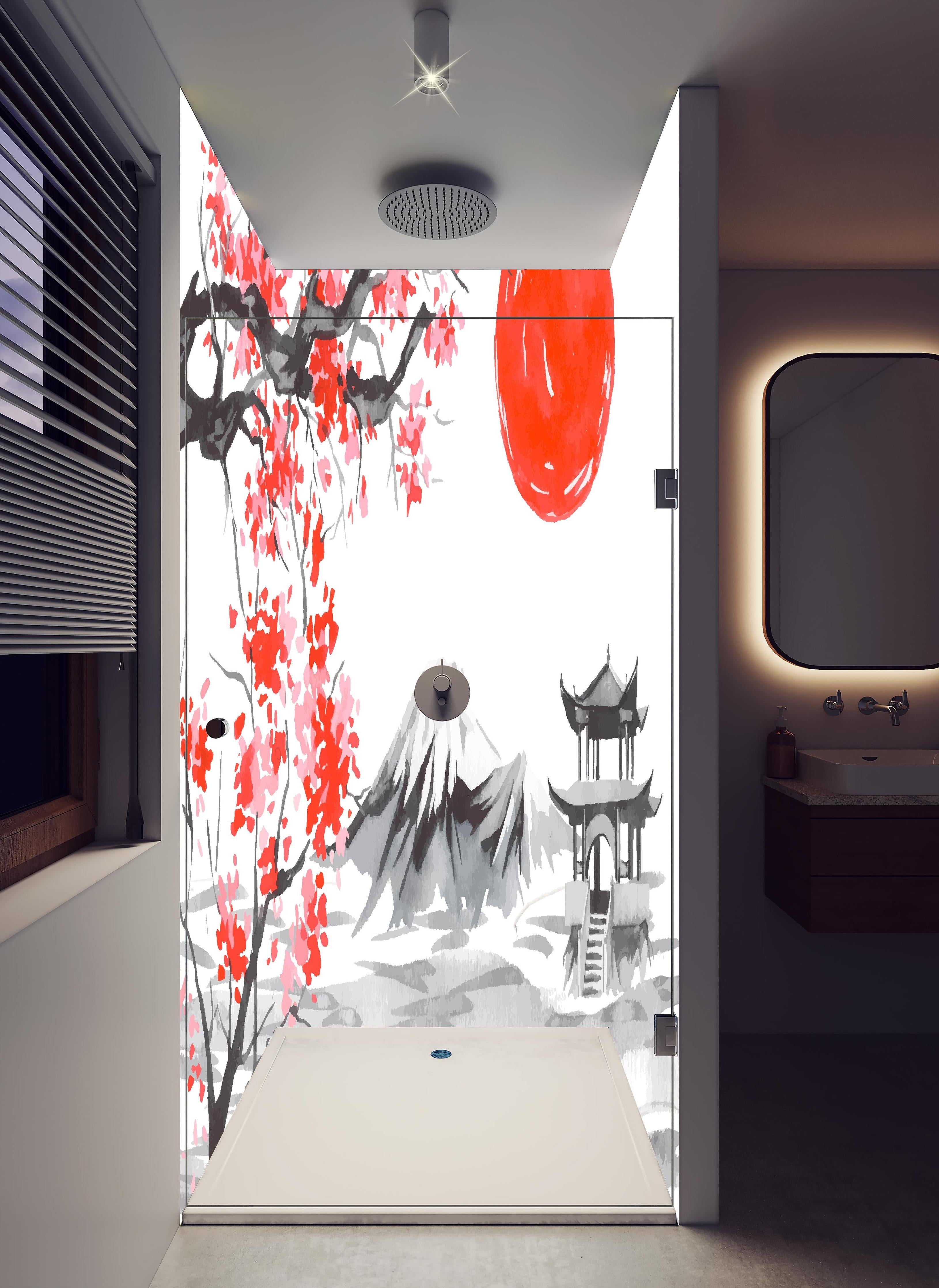 Duschrückwand - Asiatische Aquarellkunst mit Berg & Sonne in hellem Badezimmer mit Regenduschkopf - zweiteilige Eck-Duschrückwand