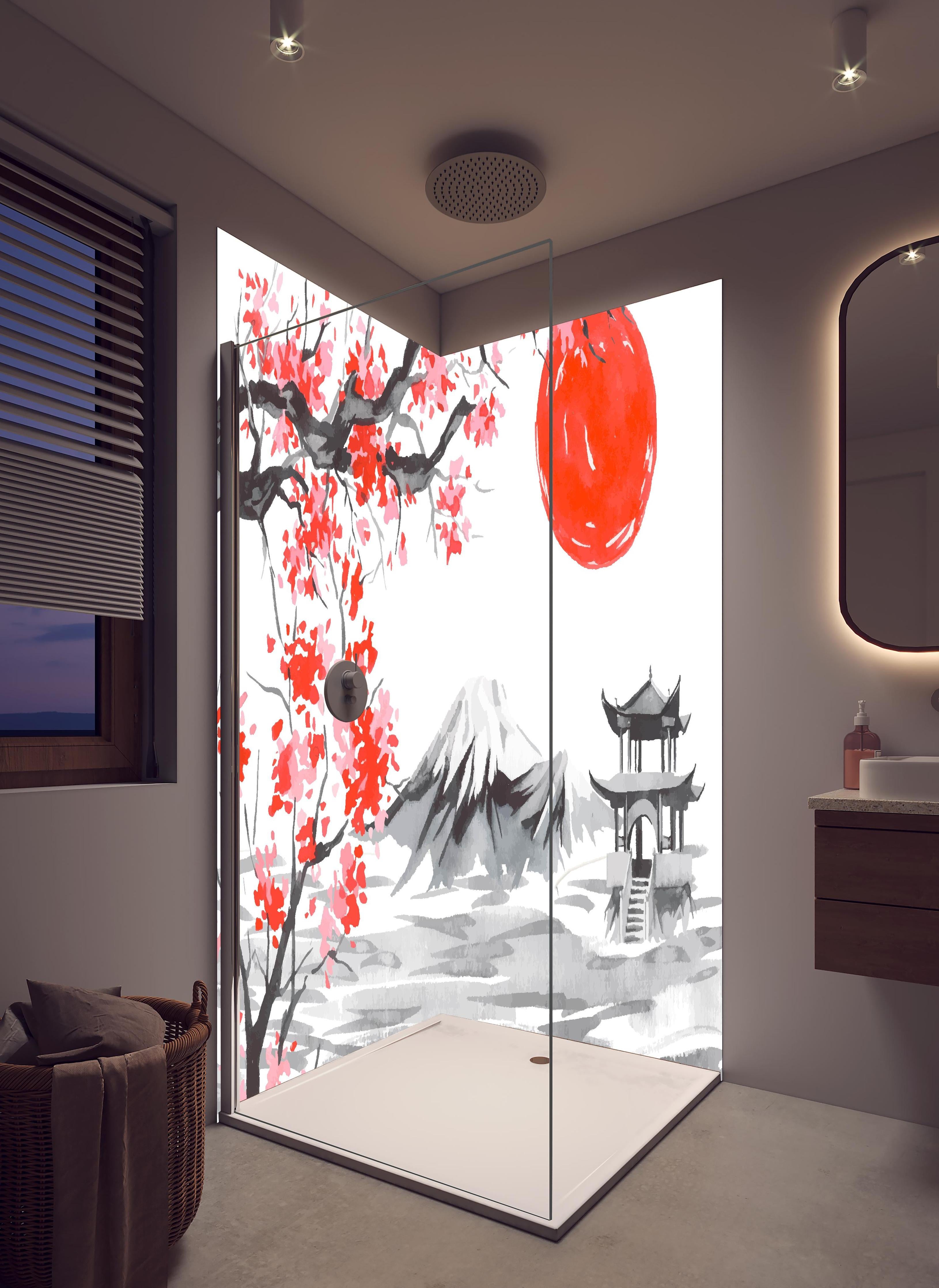 Duschrückwand - Asiatische Aquarellkunst mit Berg & Sonne in hellem Badezimmer mit Regenduschkopf - zweiteilige Eck-Duschrückwand