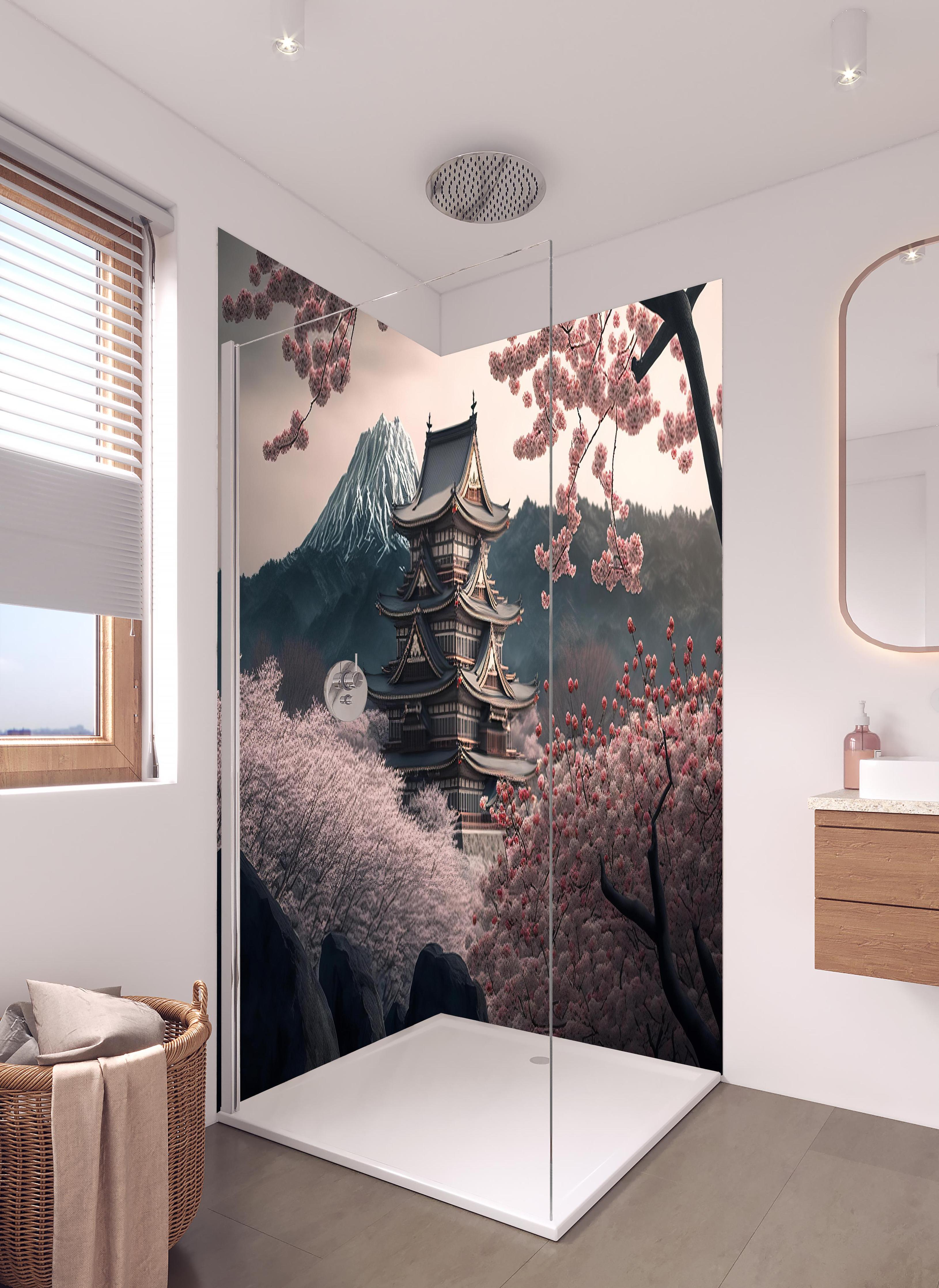 Duschrückwand - Asiatische Kirschblüte mit Tempelblick in hellem Badezimmer mit Regenduschkopf - zweiteilige Eck-Duschrückwand