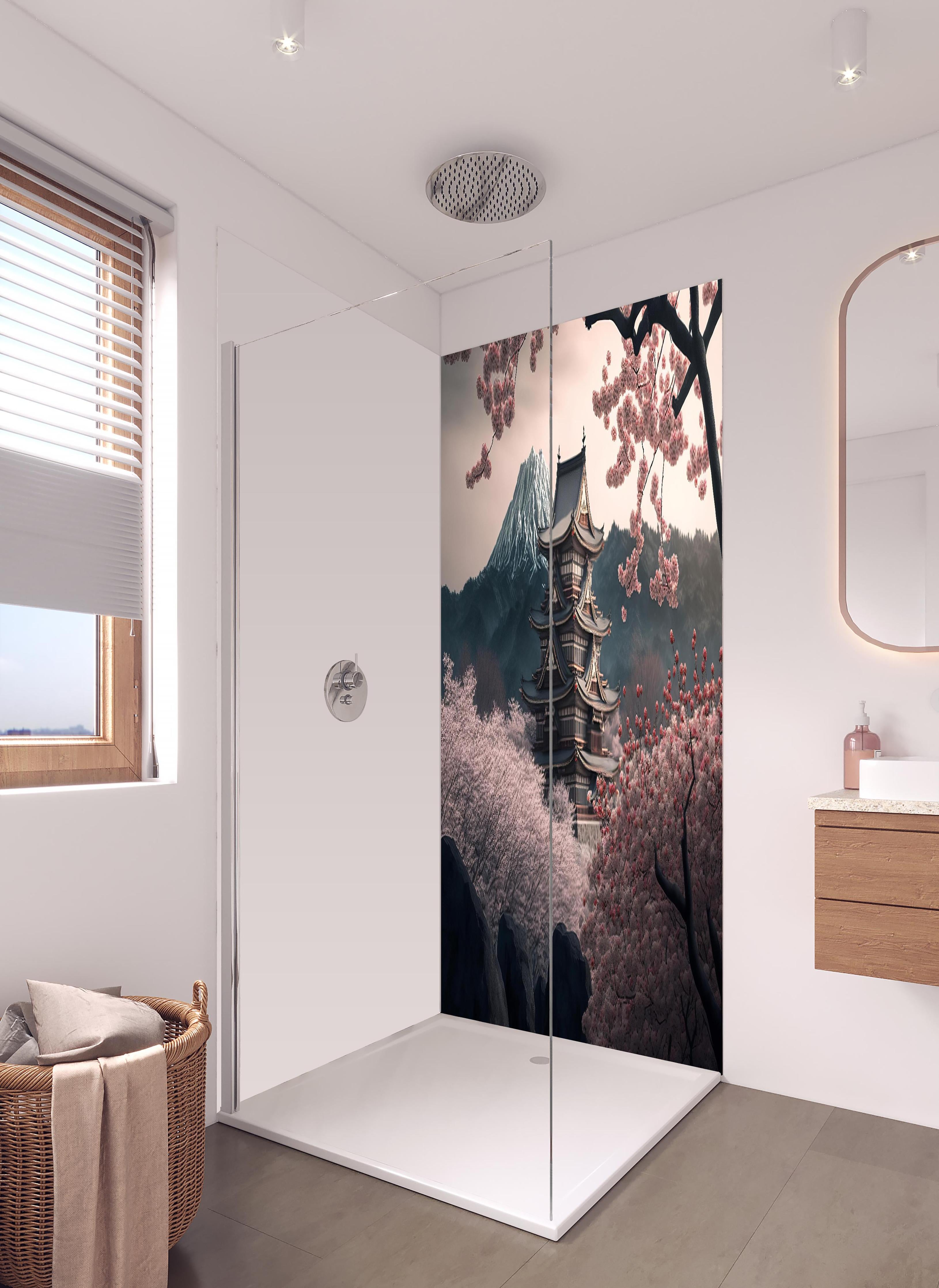 Duschrückwand - Asiatische Kirschblüte mit Tempelblick in hellem Badezimmer mit Regenduschkopf - zweiteilige Eck-Duschrückwand