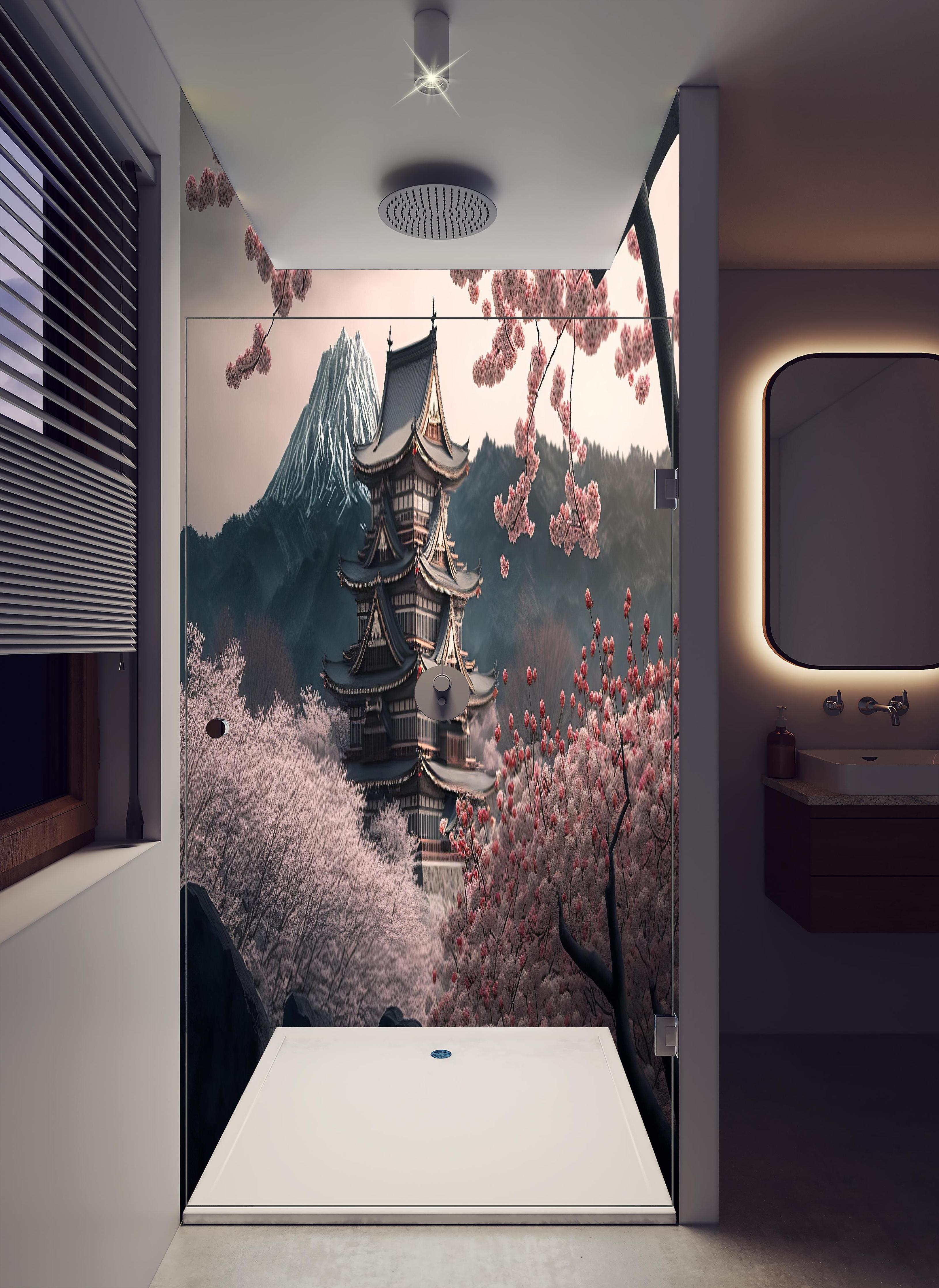 Duschrückwand - Asiatische Kirschblüte mit Tempelblick in hellem Badezimmer mit Regenduschkopf - zweiteilige Eck-Duschrückwand