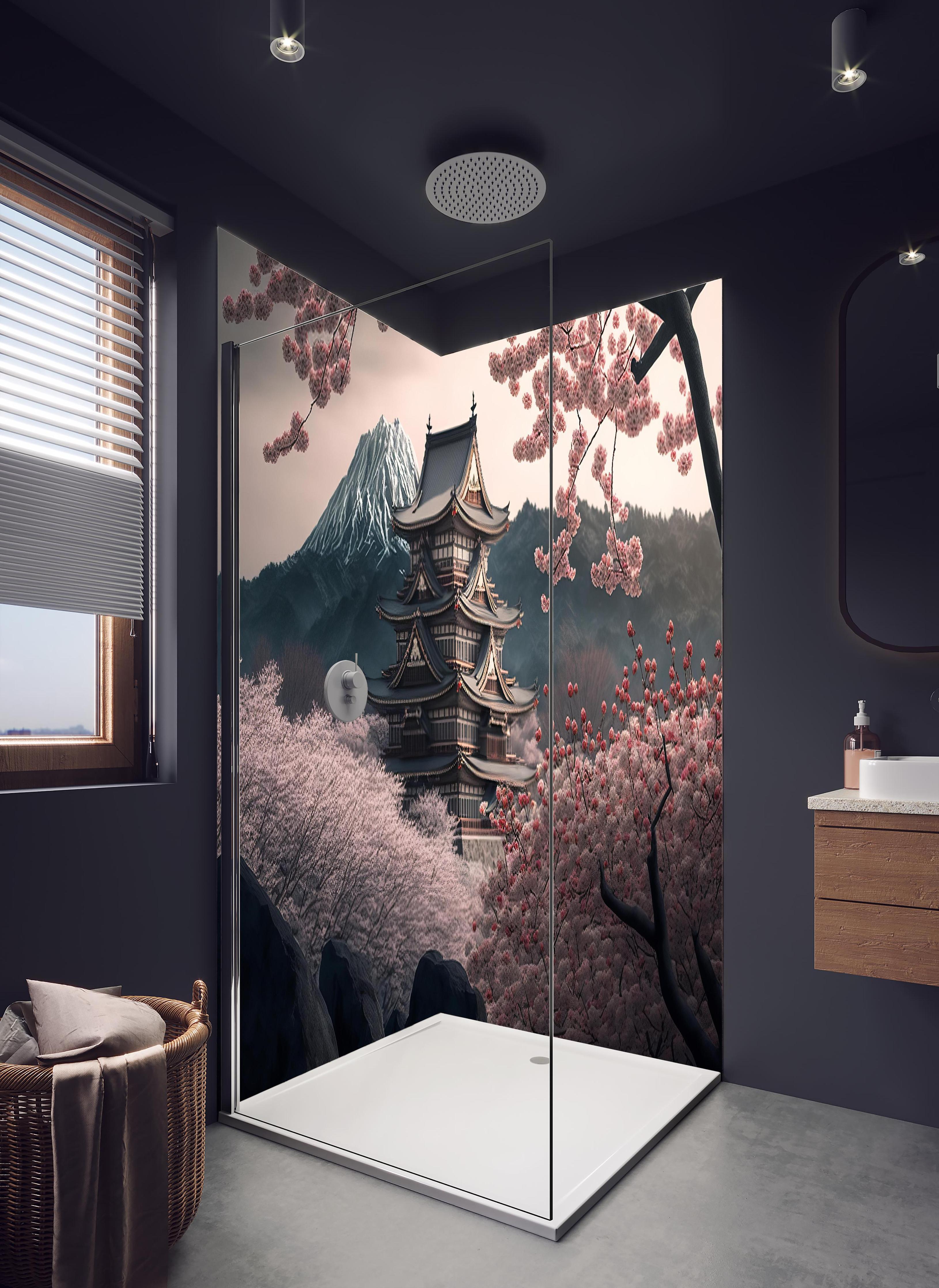 Duschrückwand - Asiatische Kirschblüte mit Tempelblick in hellem Badezimmer mit Regenduschkopf - zweiteilige Eck-Duschrückwand