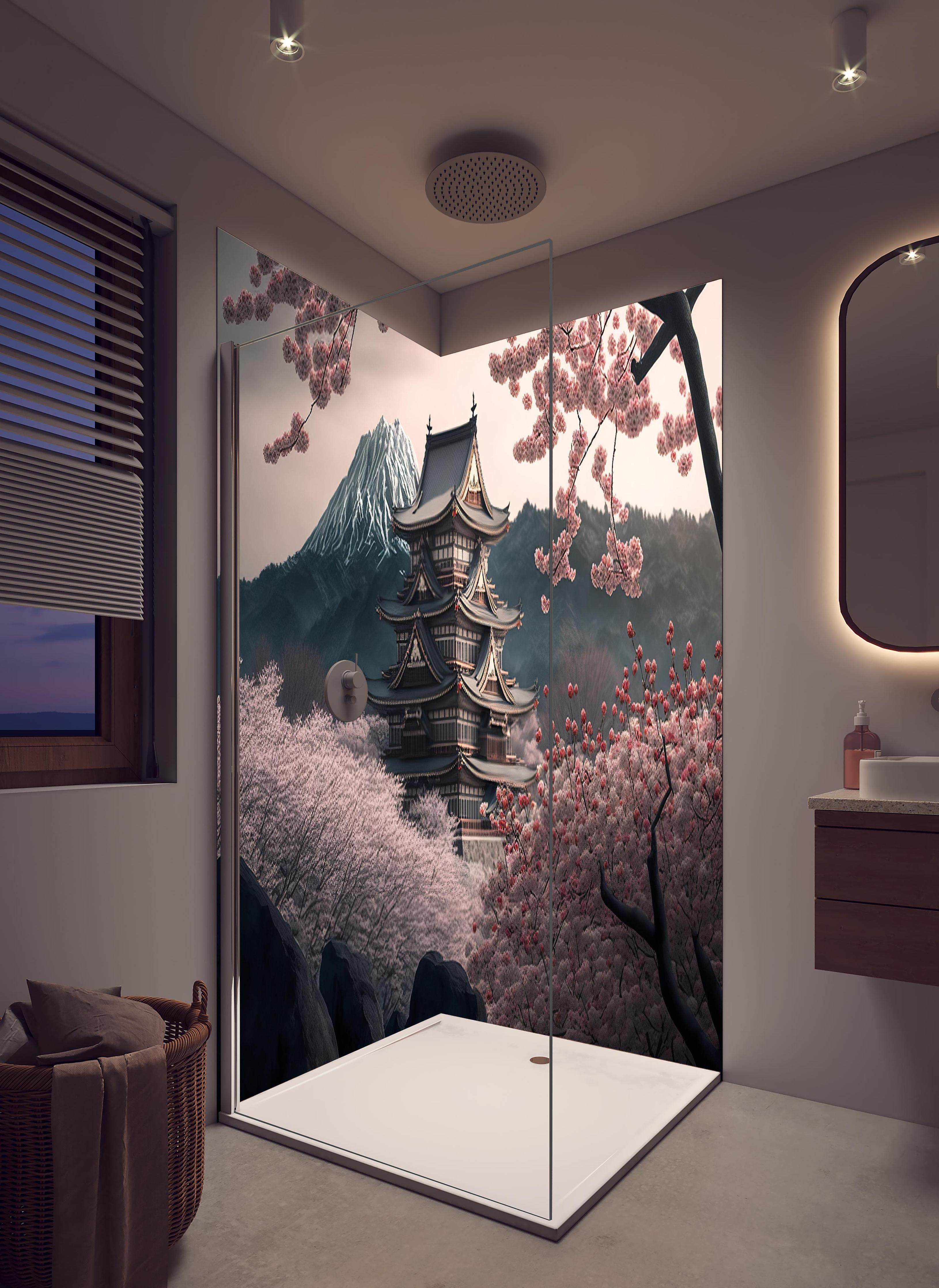 Duschrückwand - Asiatische Kirschblüte mit Tempelblick in hellem Badezimmer mit Regenduschkopf - zweiteilige Eck-Duschrückwand