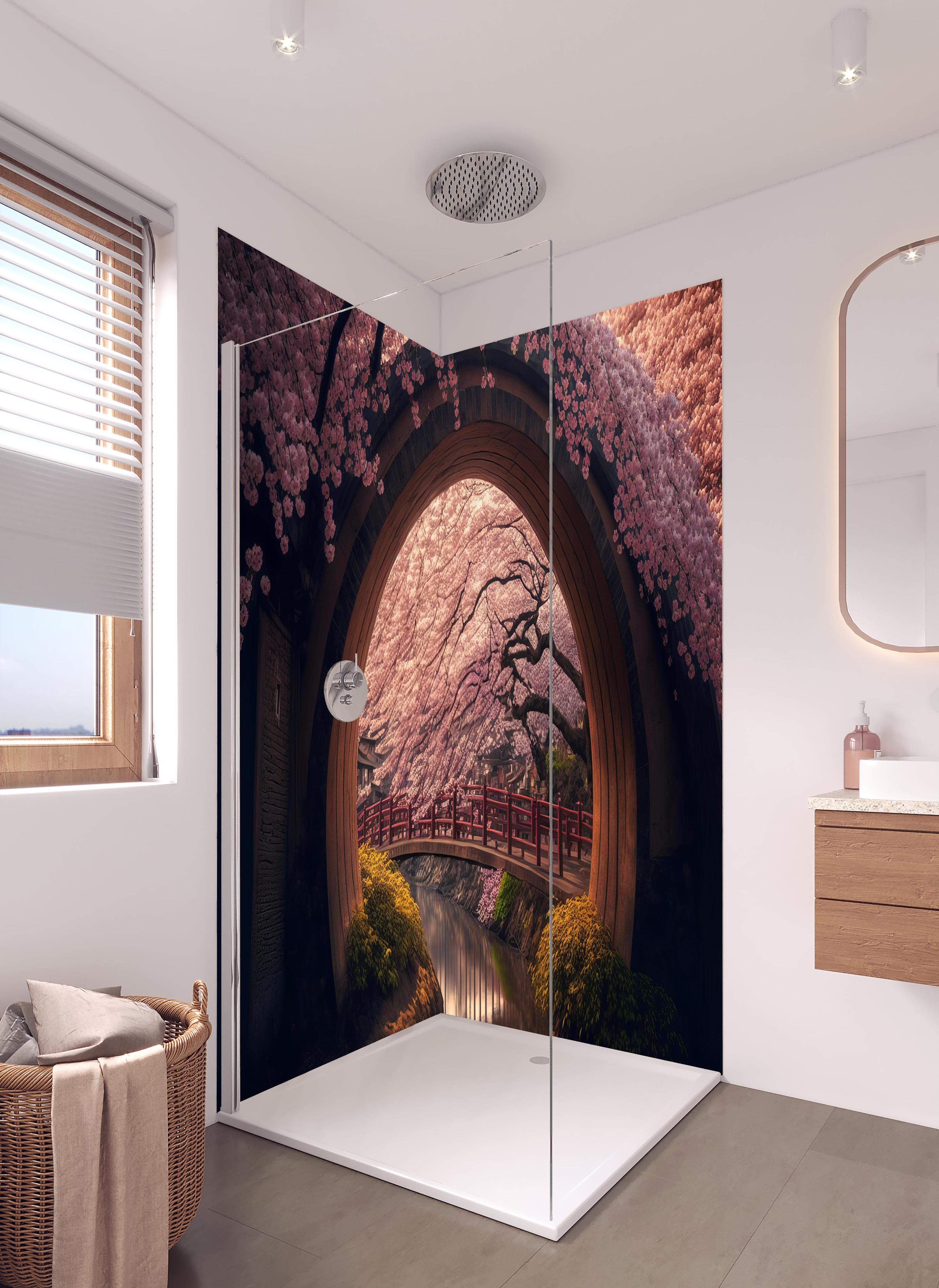 Duschrückwand - Asiatische Kirschblüte über Holzbrücke in hellem Badezimmer mit Regenduschkopf - zweiteilige Eck-Duschrückwand