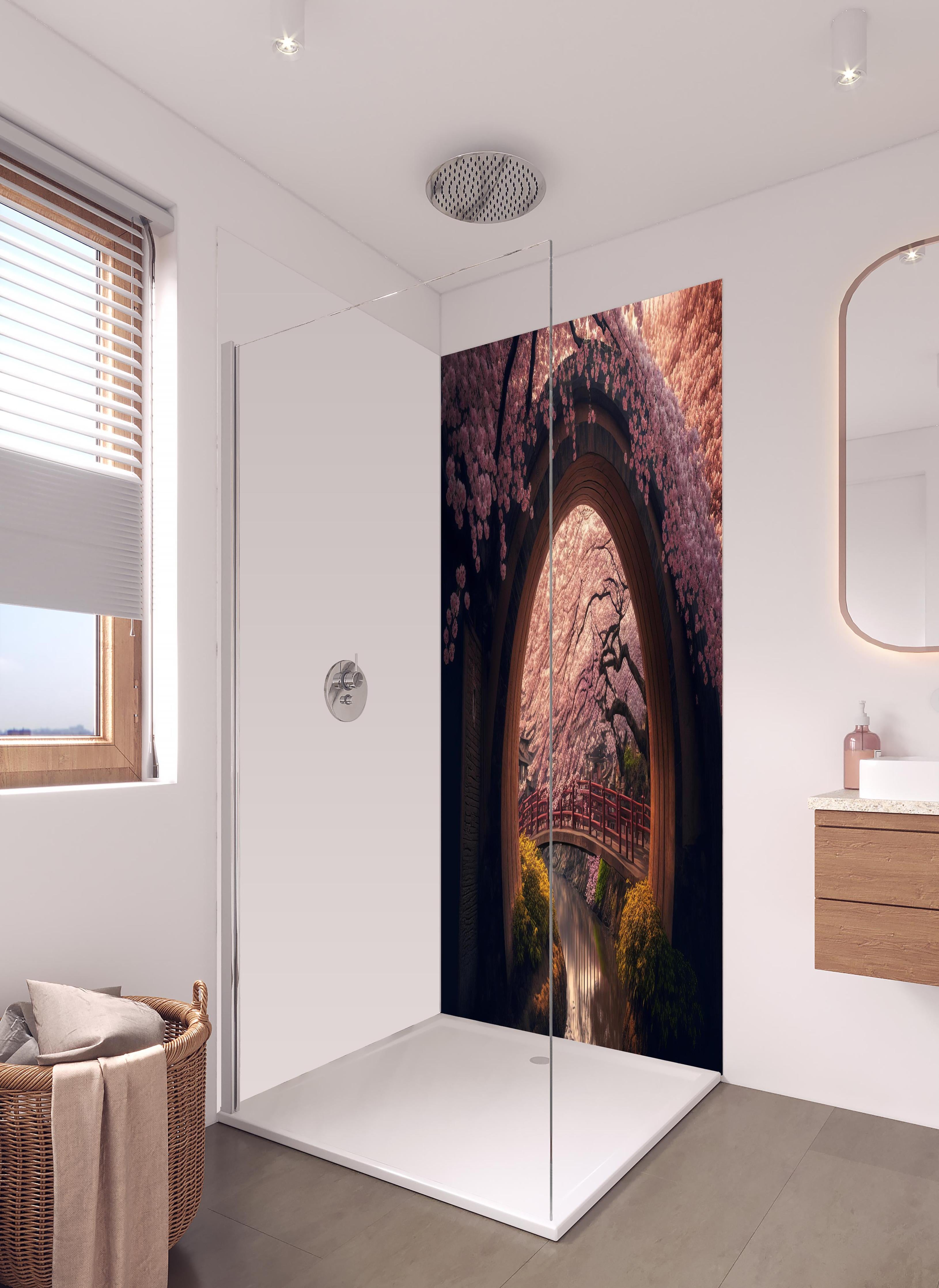 Duschrückwand - Asiatische Kirschblüte über Holzbrücke in hellem Badezimmer mit Regenduschkopf - zweiteilige Eck-Duschrückwand