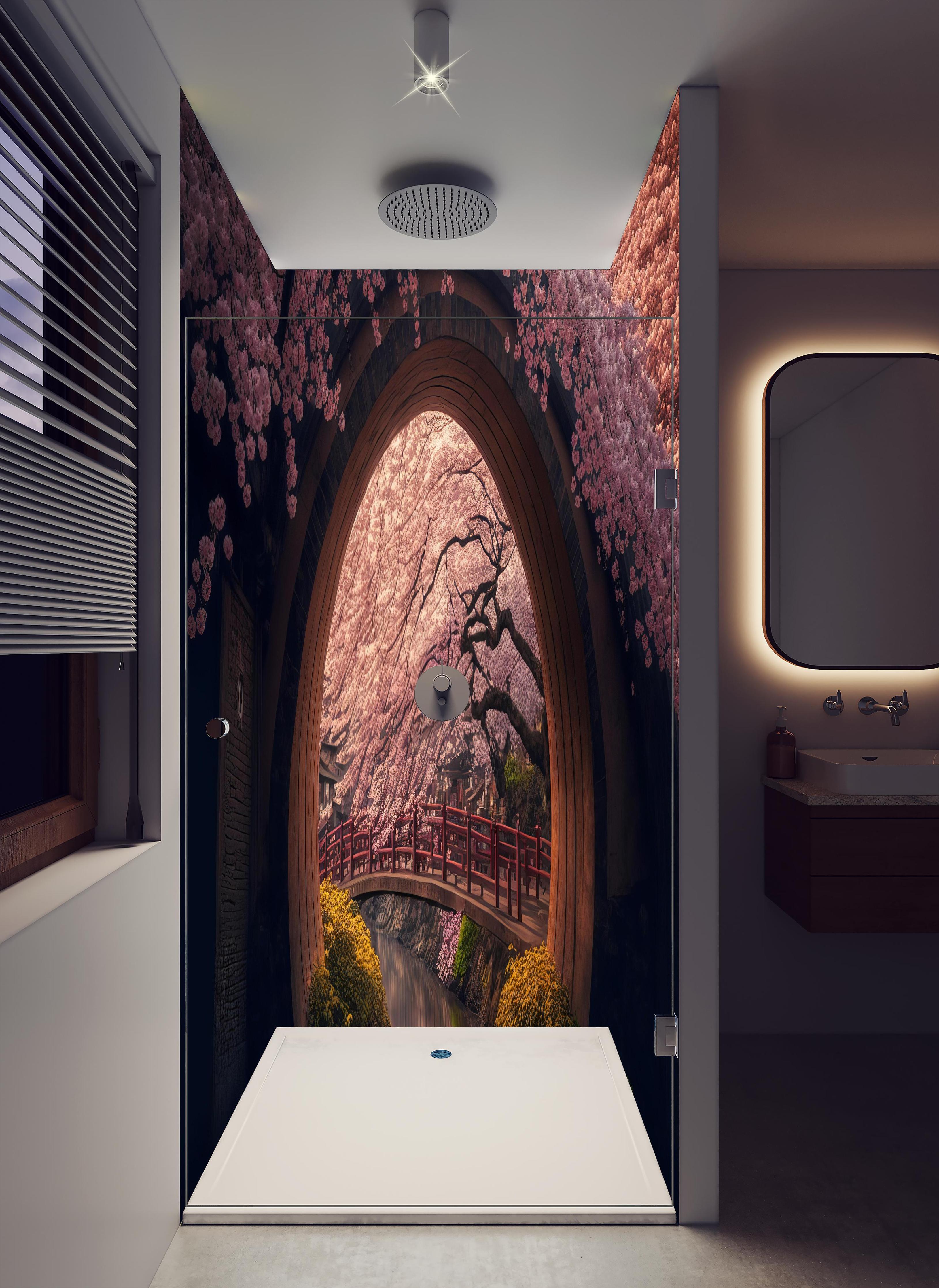 Duschrückwand - Asiatische Kirschblüte über Holzbrücke in hellem Badezimmer mit Regenduschkopf - zweiteilige Eck-Duschrückwand