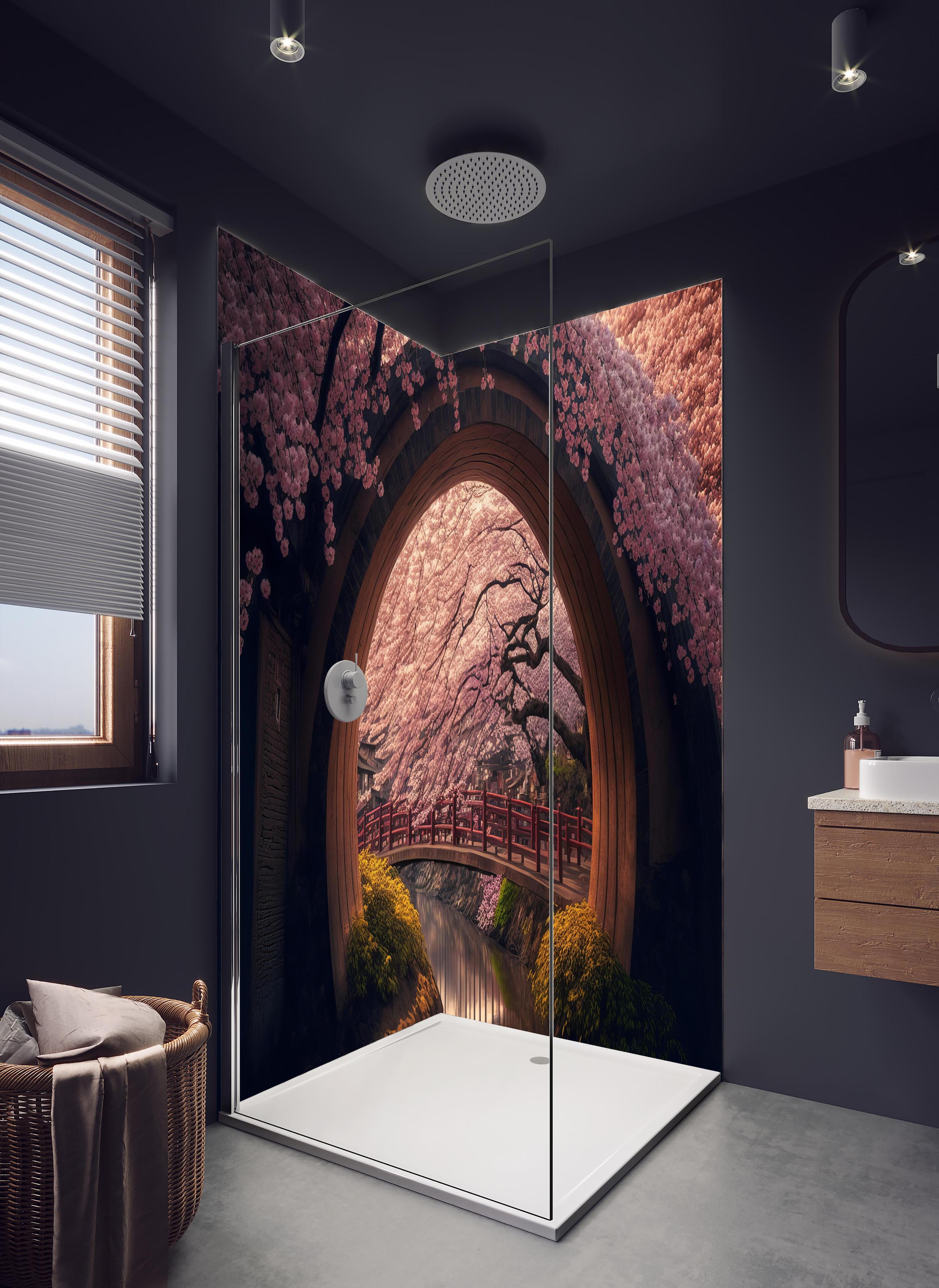 Duschrückwand - Asiatische Kirschblüte über Holzbrücke in hellem Badezimmer mit Regenduschkopf - zweiteilige Eck-Duschrückwand