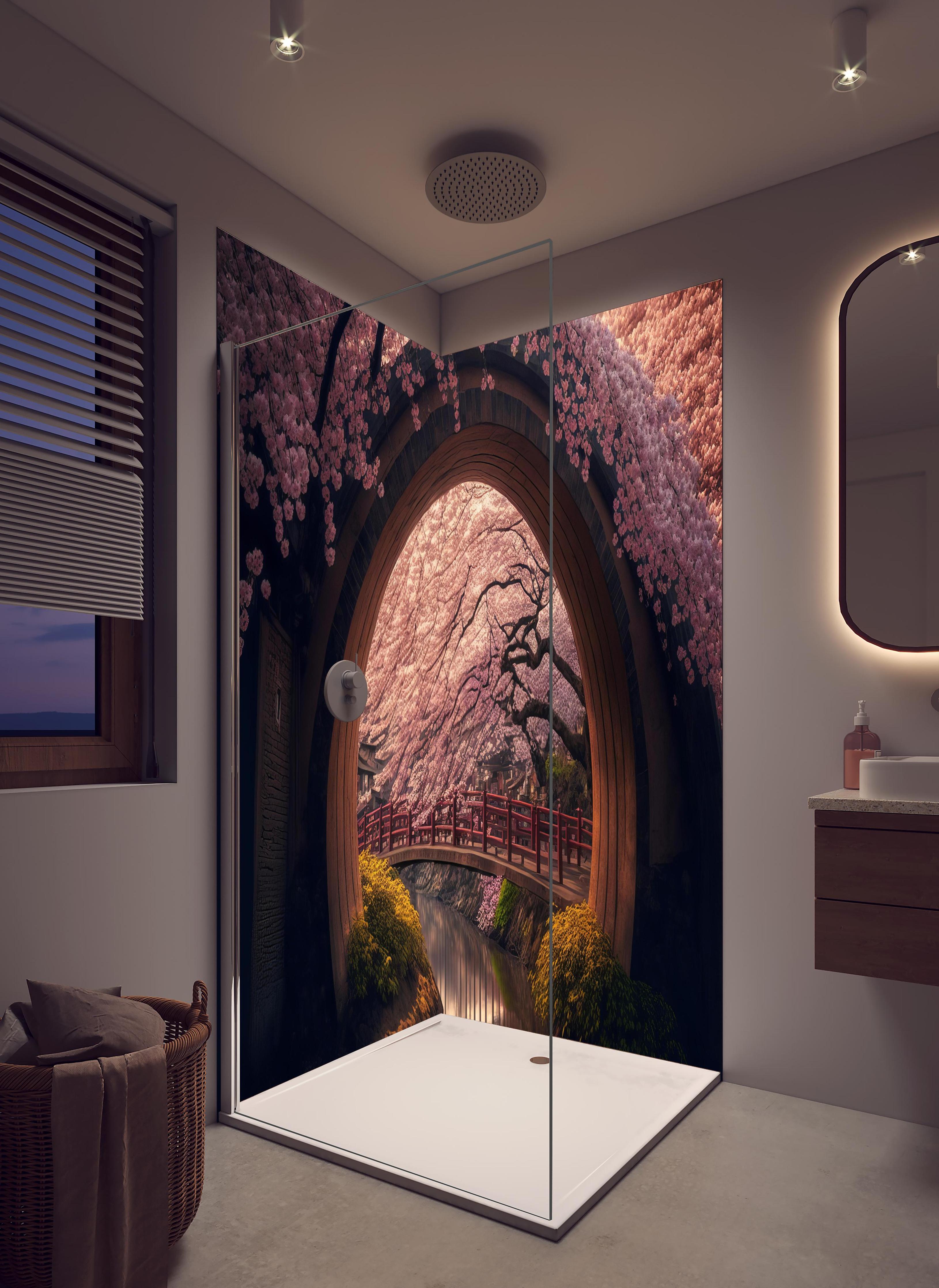 Duschrückwand - Asiatische Kirschblüte über Holzbrücke in hellem Badezimmer mit Regenduschkopf - zweiteilige Eck-Duschrückwand