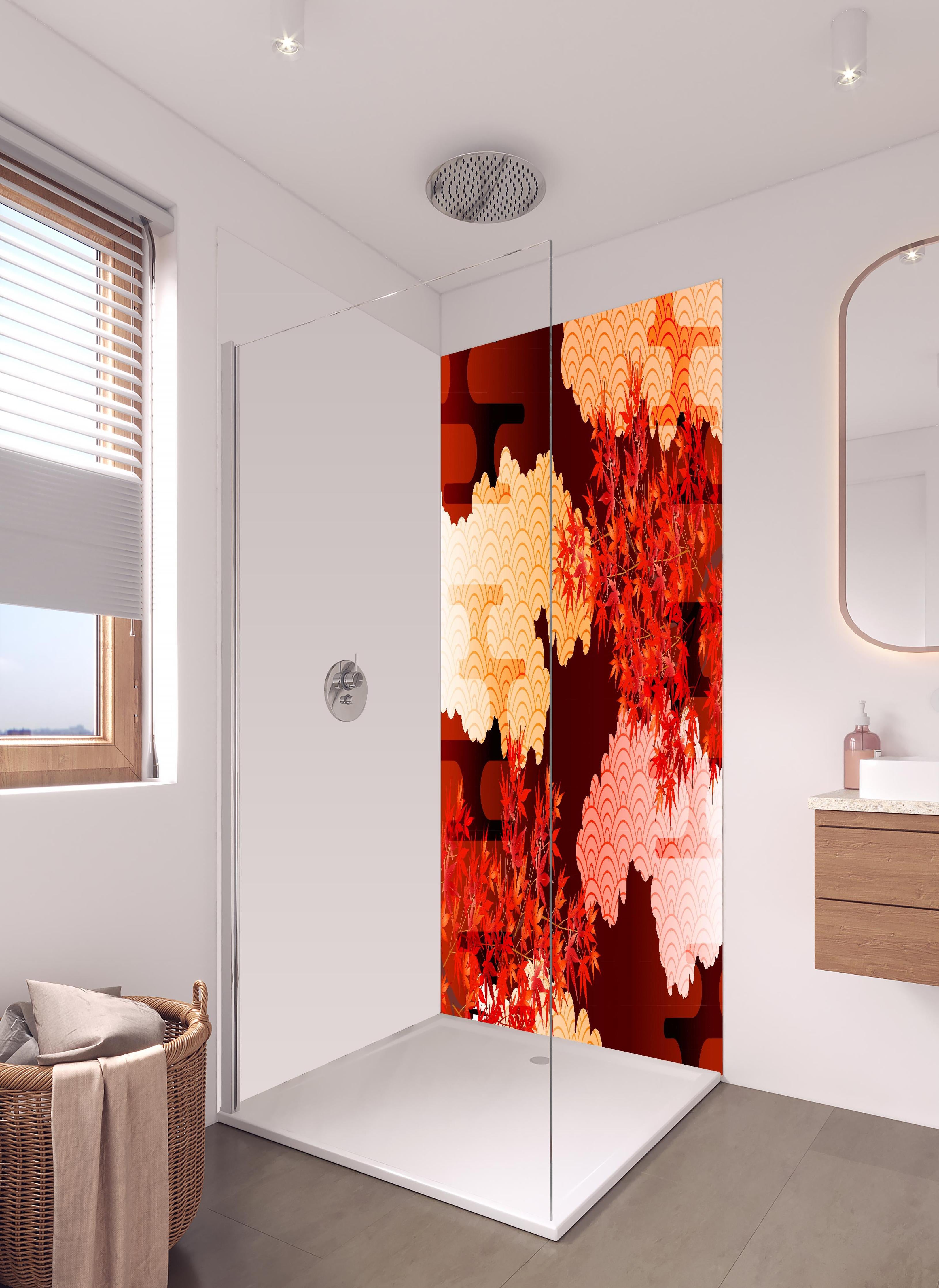 Duschrückwand - Ästhetische Herbstlaub- und Wolkenillustration in hellem Badezimmer mit Regenduschkopf - zweiteilige Eck-Duschrückwand