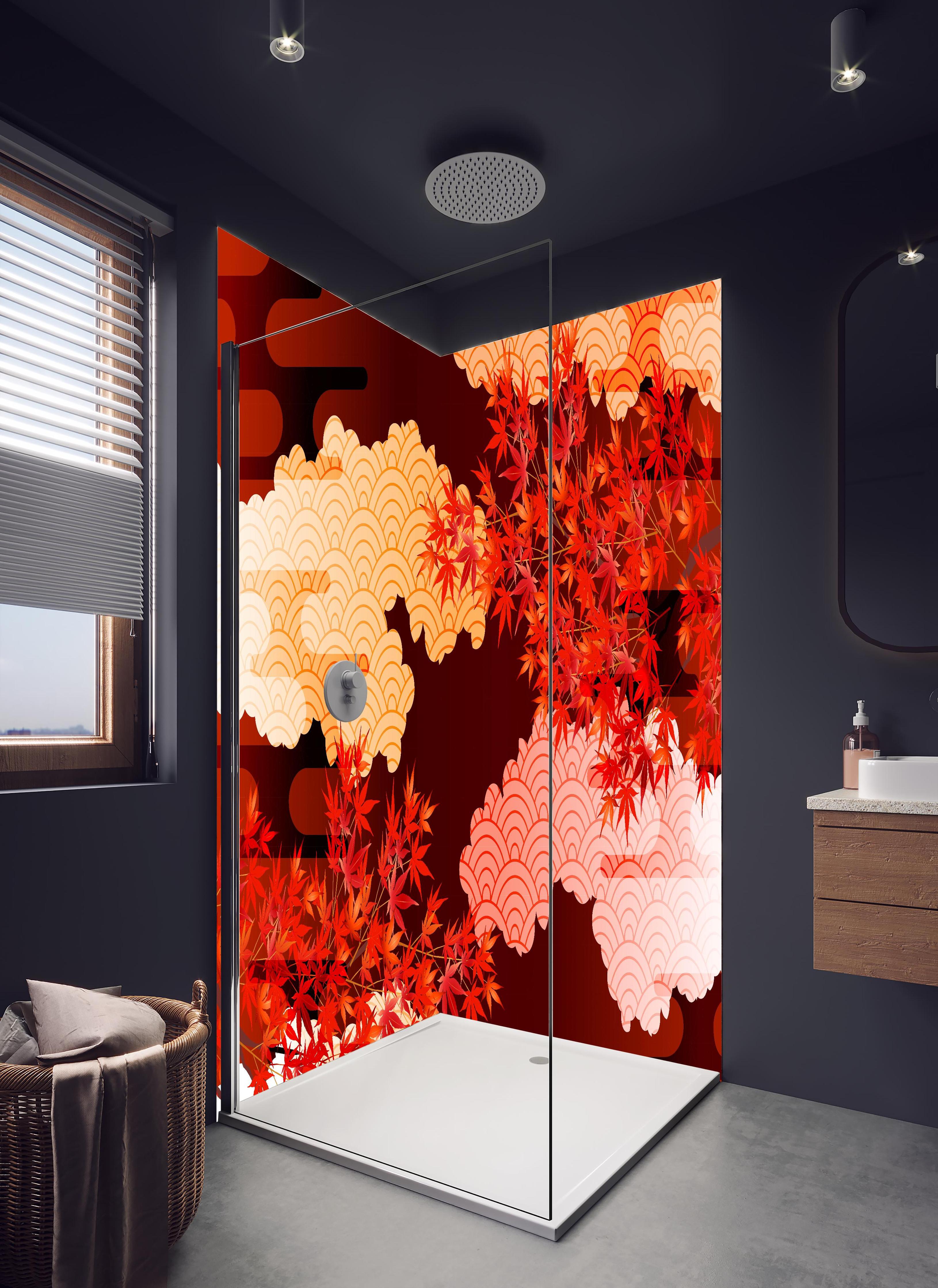 Duschrückwand - Ästhetische Herbstlaub- und Wolkenillustration in hellem Badezimmer mit Regenduschkopf - zweiteilige Eck-Duschrückwand
