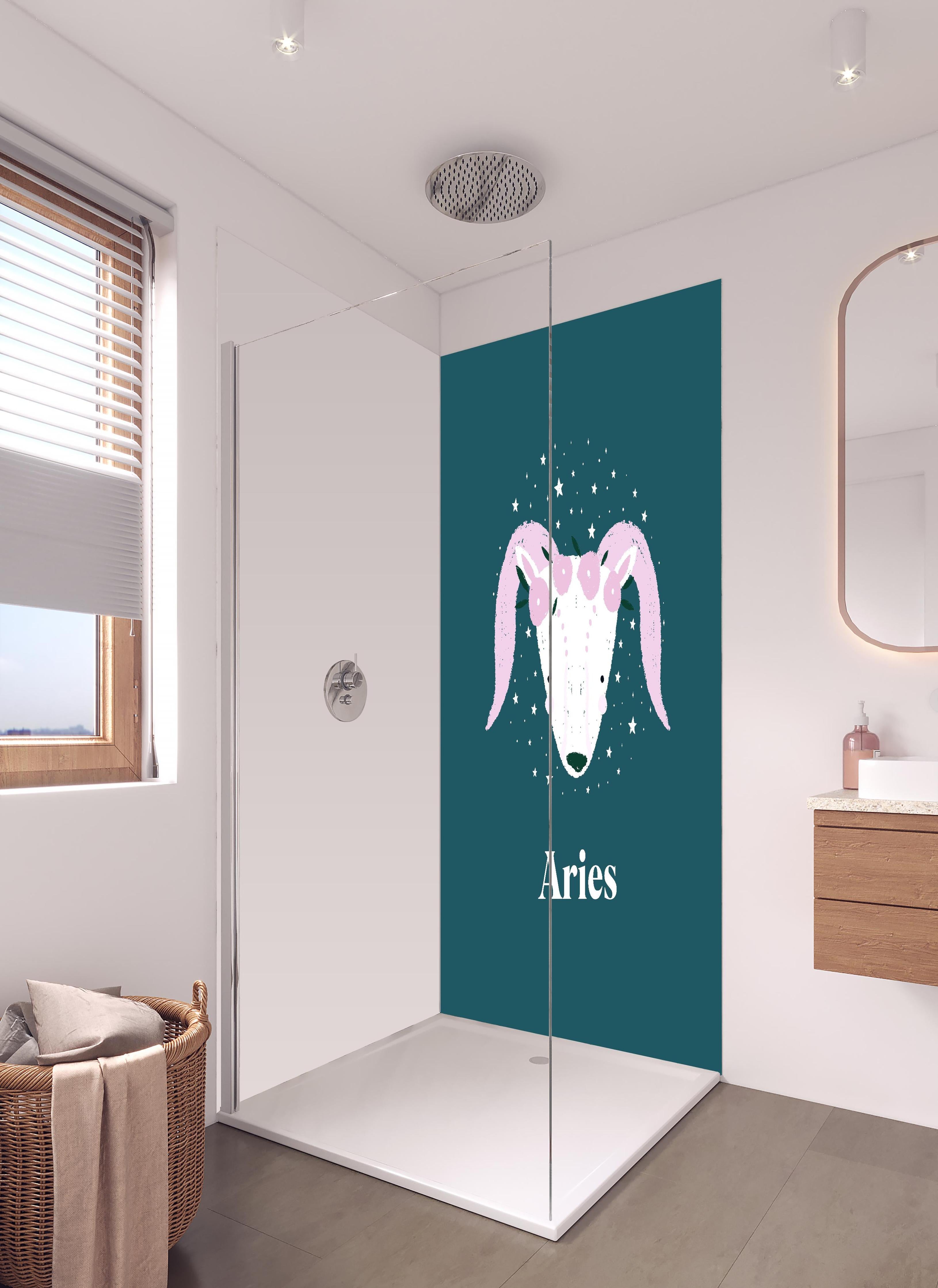 Duschrückwand - Astrales Aries Sternbild in Türkistönen in hellem Badezimmer mit Regenduschkopf - zweiteilige Eck-Duschrückwand