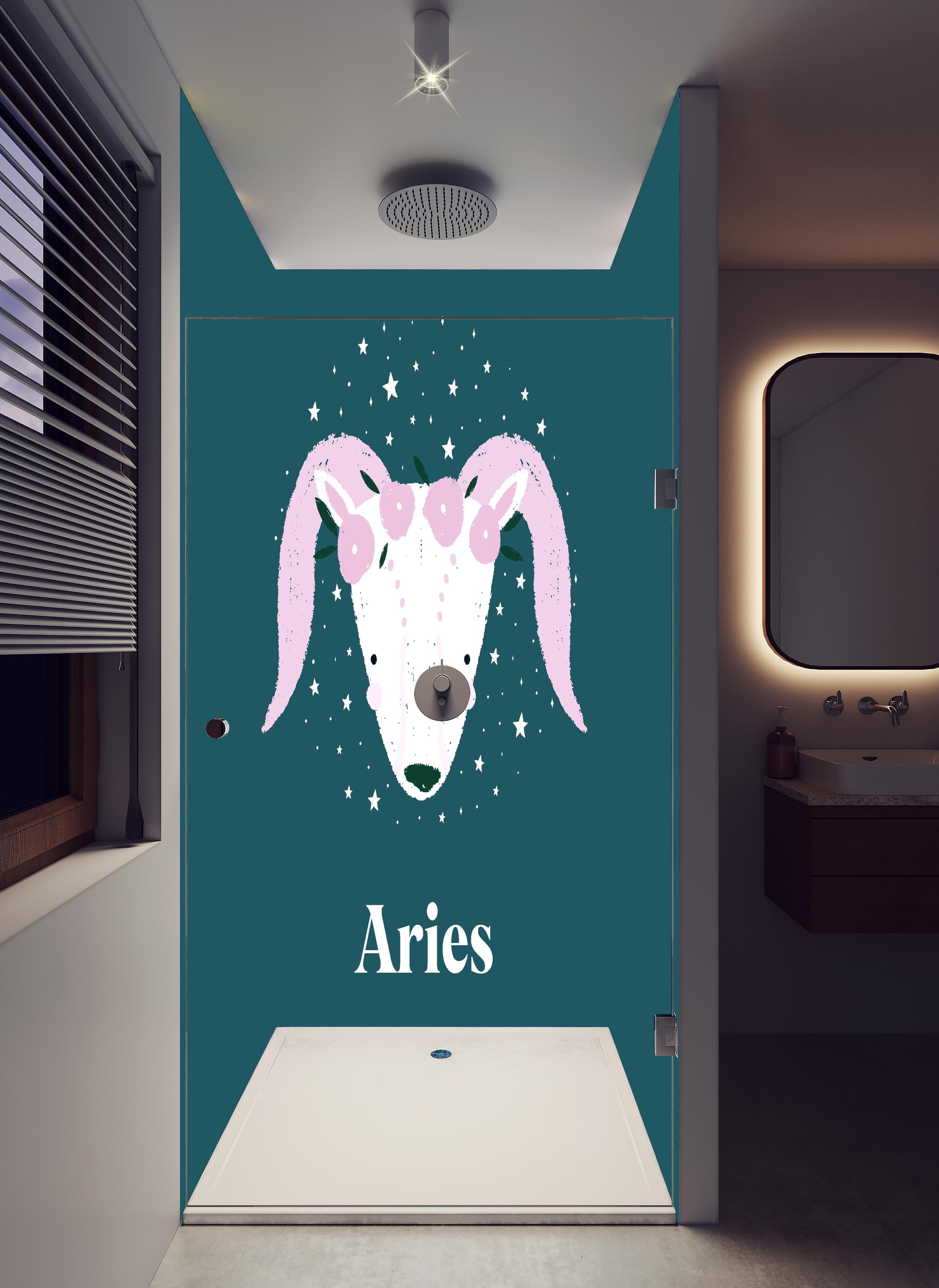 Duschrückwand - Astrales Aries Sternbild in Türkistönen in hellem Badezimmer mit Regenduschkopf - zweiteilige Eck-Duschrückwand