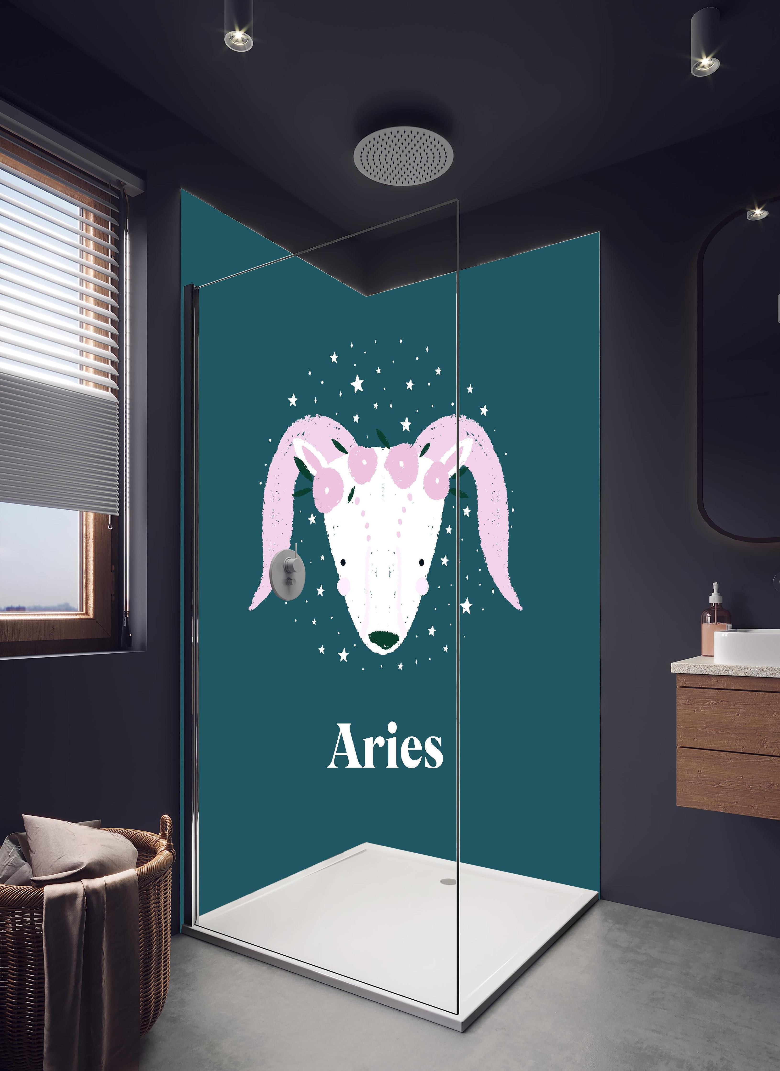 Duschrückwand - Astrales Aries Sternbild in Türkistönen in hellem Badezimmer mit Regenduschkopf - zweiteilige Eck-Duschrückwand