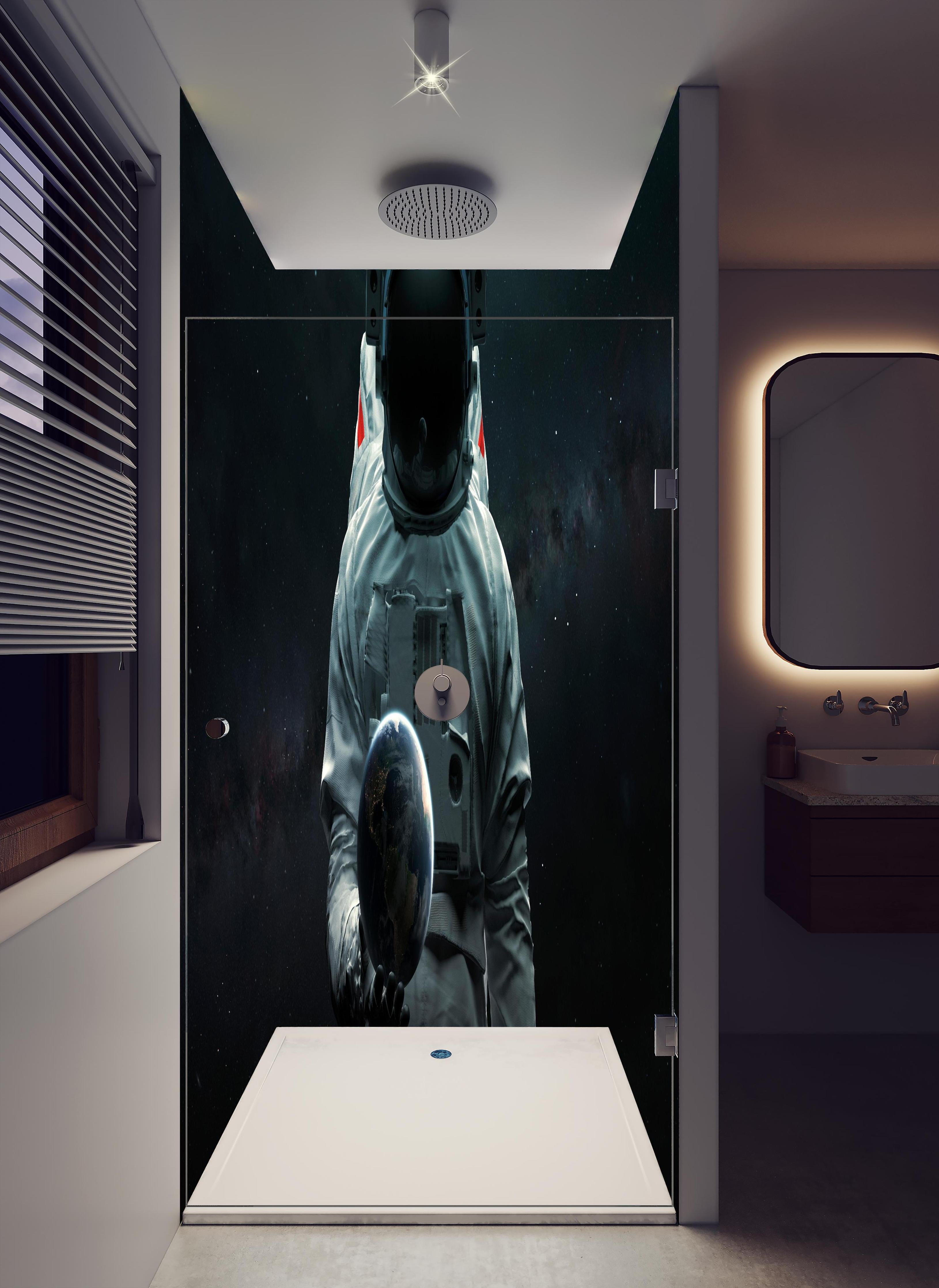 Duschrückwand - Astronaut hält Erde 3D-Kunst Sci-Fi in hellem Badezimmer mit Regenduschkopf - zweiteilige Eck-Duschrückwand