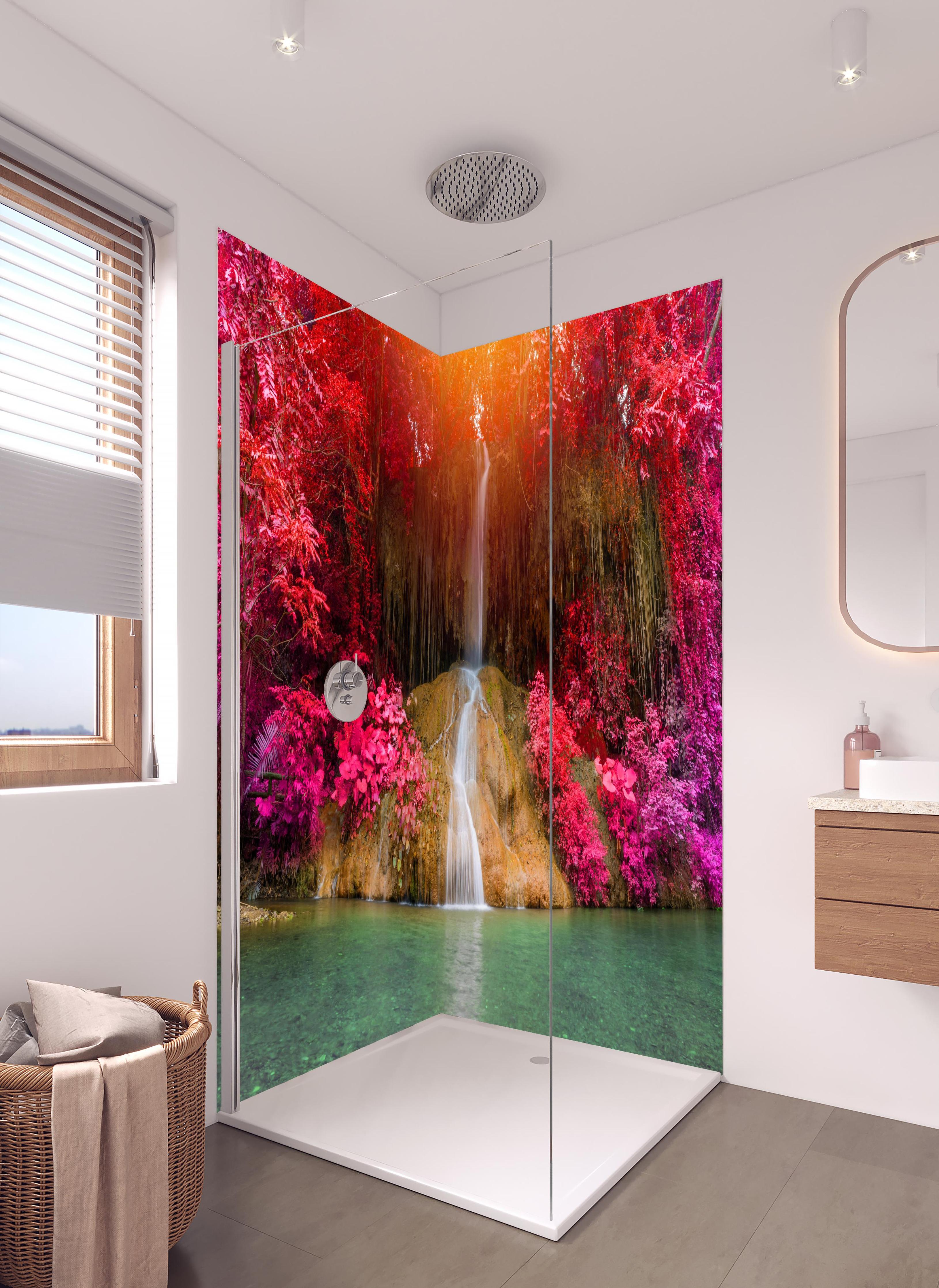 Duschrückwand - Atemberaubender Phu sang Wasserfall in hellem Badezimmer mit Regenduschkopf - zweiteilige Eck-Duschrückwand