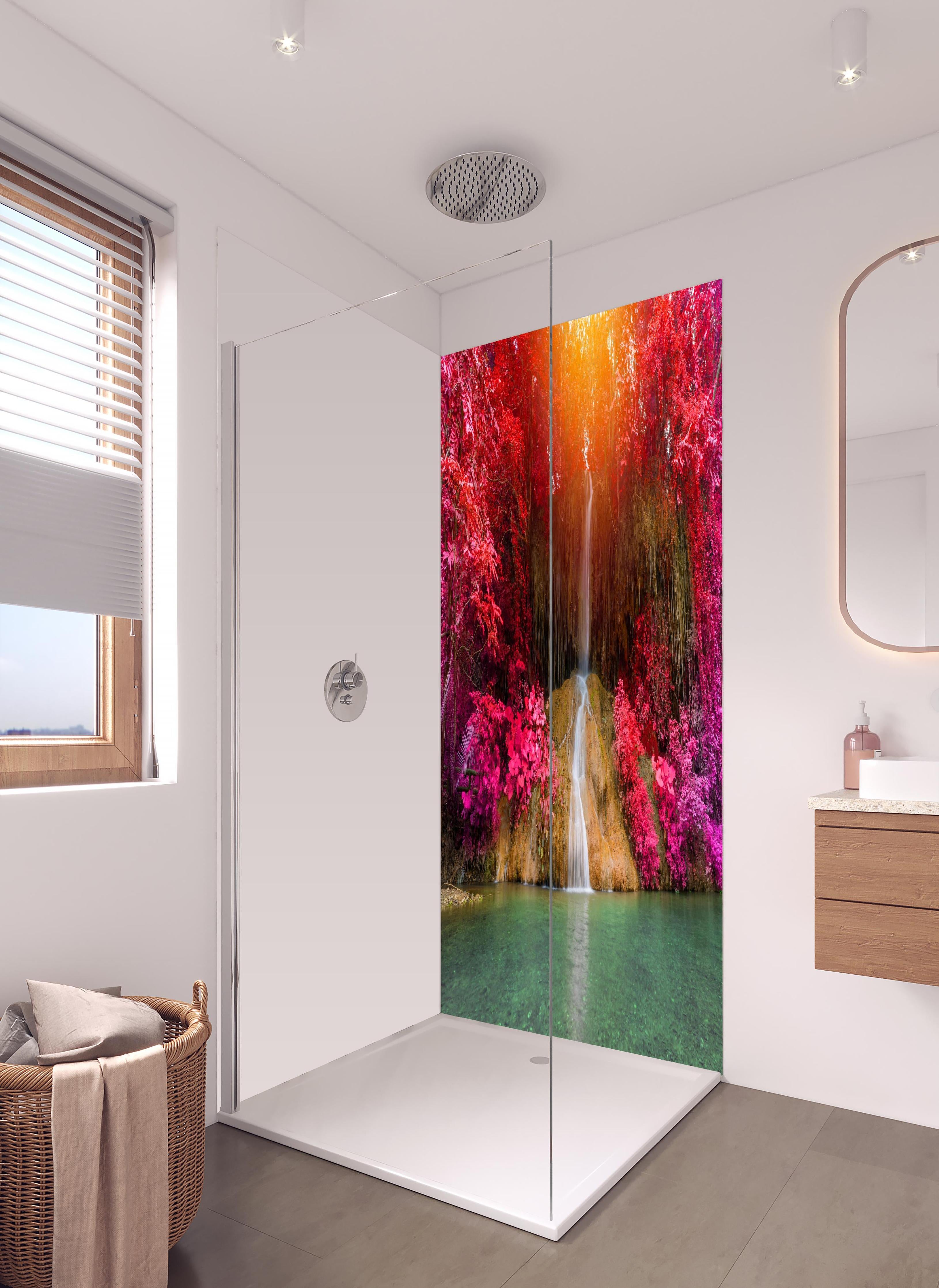 Duschrückwand - Atemberaubender Phu sang Wasserfall in hellem Badezimmer mit Regenduschkopf - zweiteilige Eck-Duschrückwand