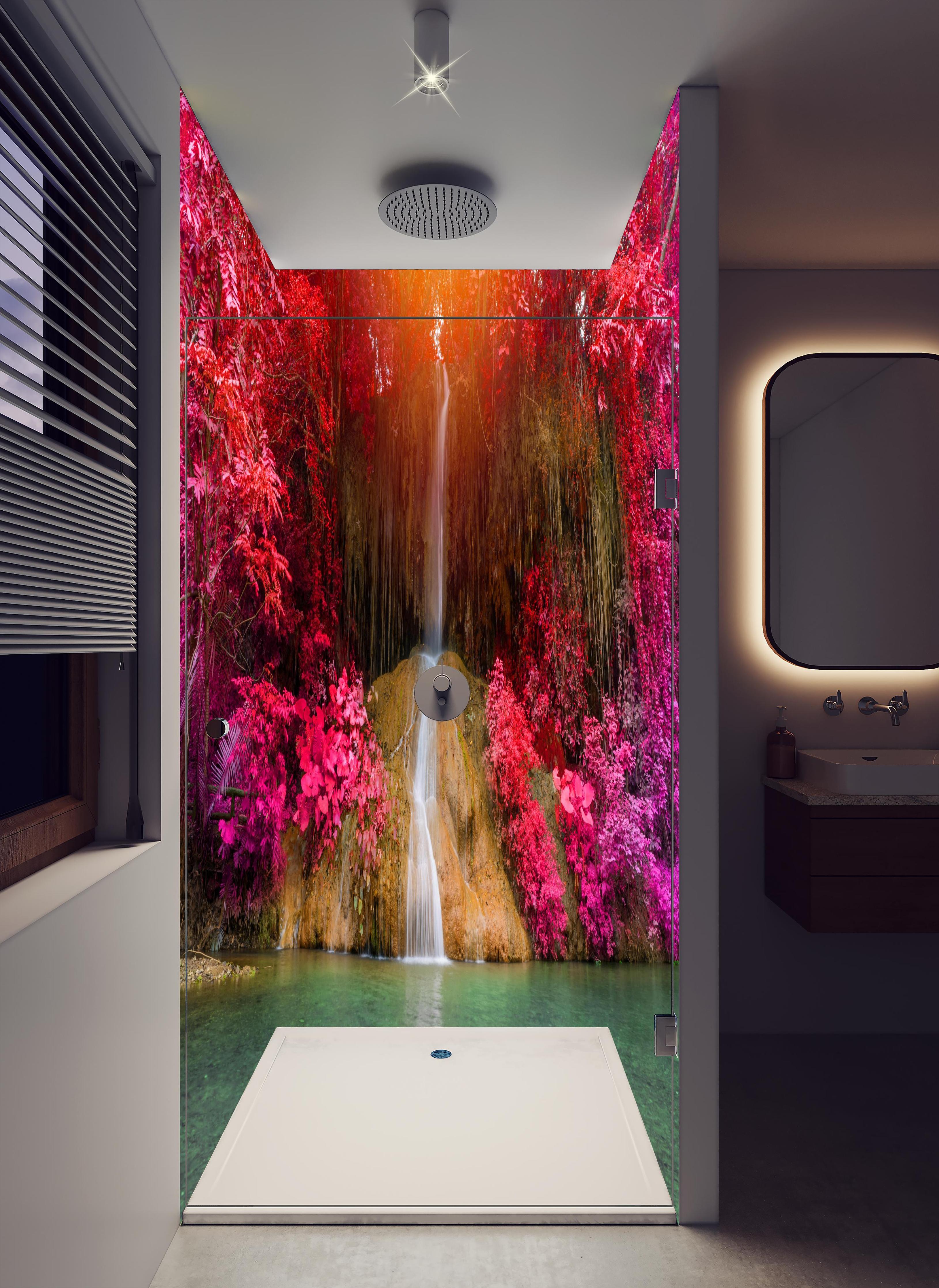 Duschrückwand - Atemberaubender Phu sang Wasserfall in hellem Badezimmer mit Regenduschkopf - zweiteilige Eck-Duschrückwand