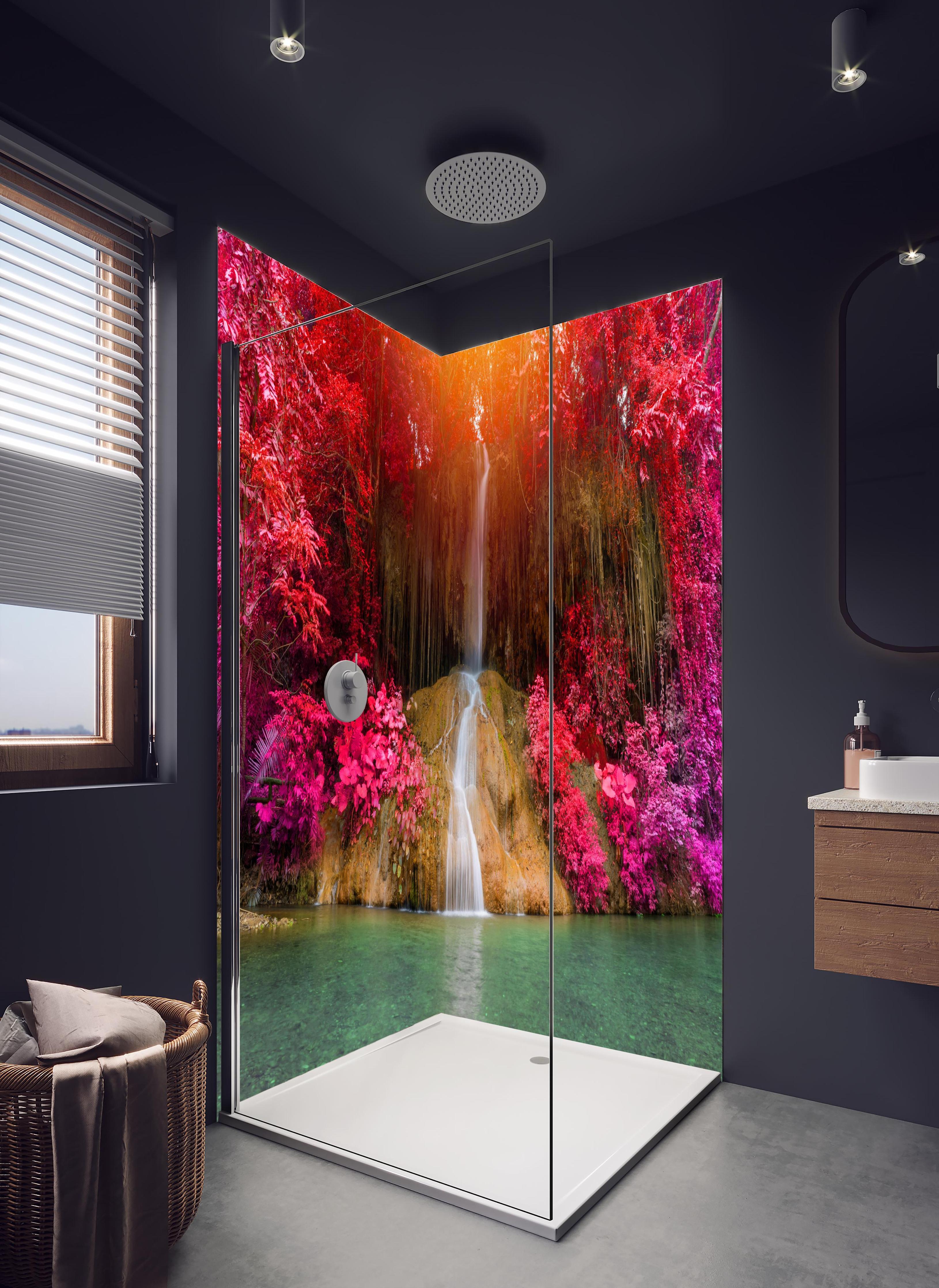 Duschrückwand - Atemberaubender Phu sang Wasserfall in hellem Badezimmer mit Regenduschkopf - zweiteilige Eck-Duschrückwand
